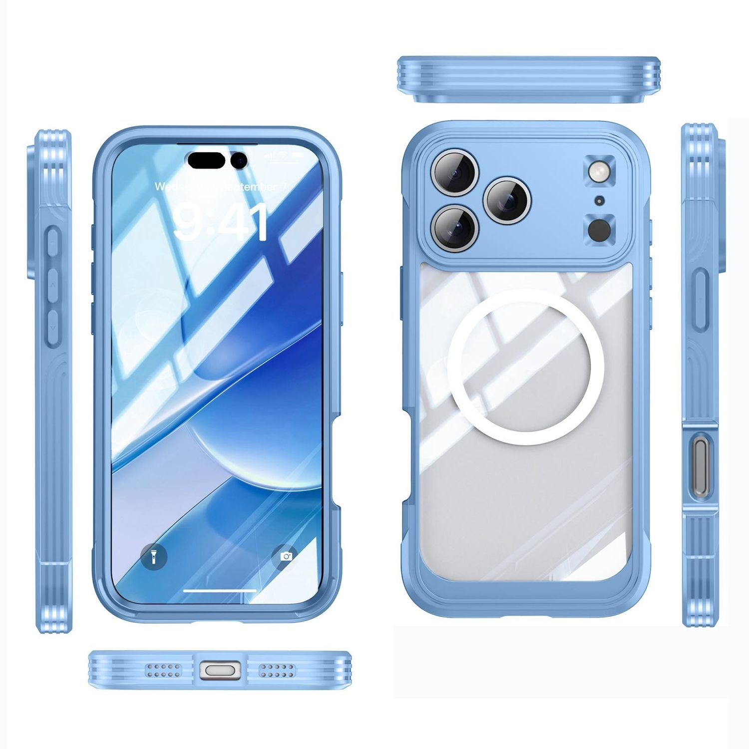Eine blaue Handyhülle mit einem iPhone im Inneren, aus verschiedenen Winkeln dargestellt. Merkmale: klare Rückseite und ein weißer Kreis.