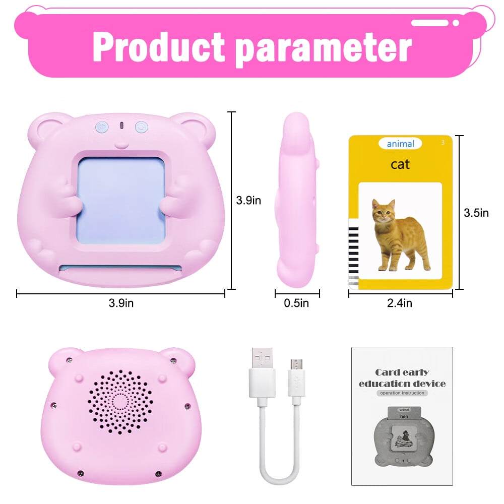 Rosa Lernspielzeug mit Katzen-Lernkarte und USB-Kabel. Enthält auch eine Anleitungskarte. Rosa 'Produktparameter'-Leiste.