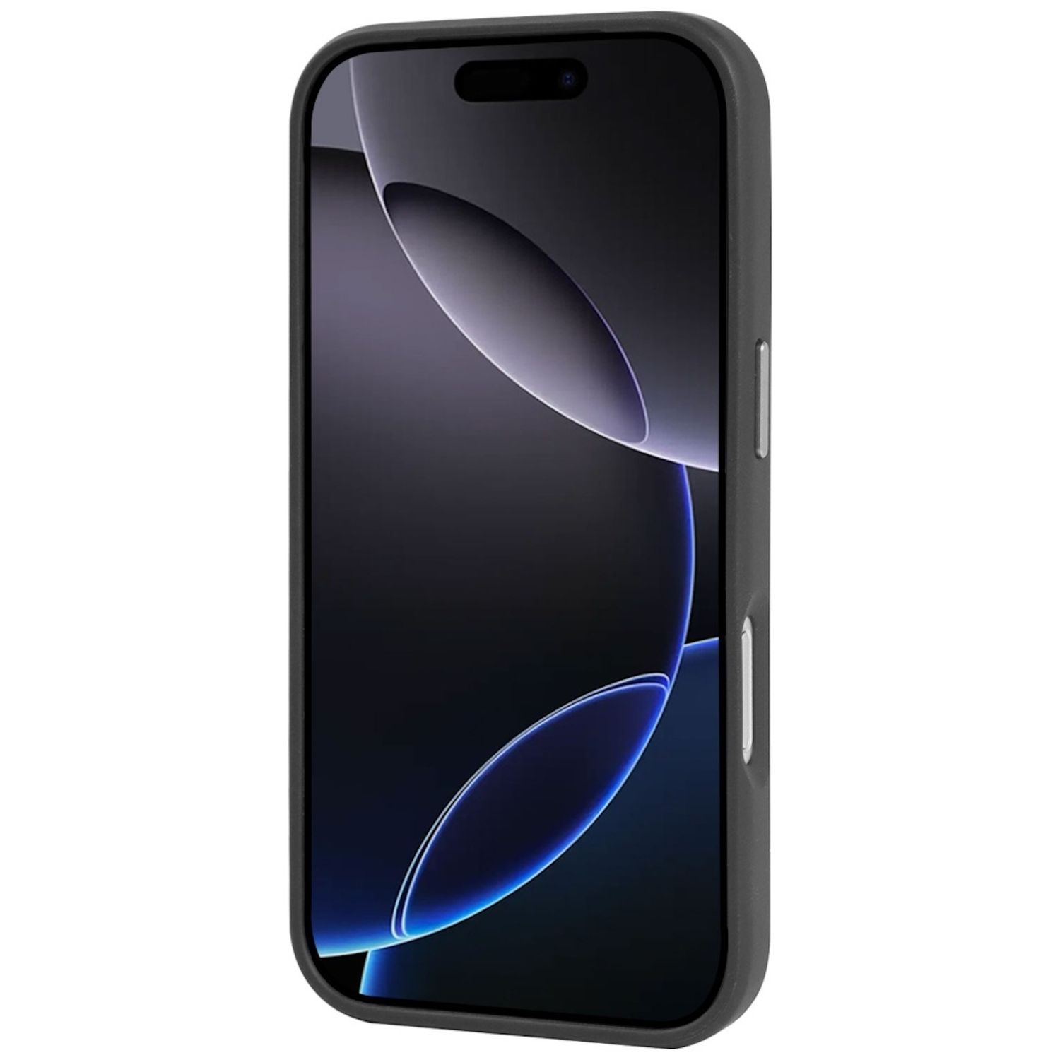 Uno smartphone nero in una custodia nera. Lo schermo mostra un design astratto scuro con riflessi blu. La custodia ha ritagli per i pulsanti.