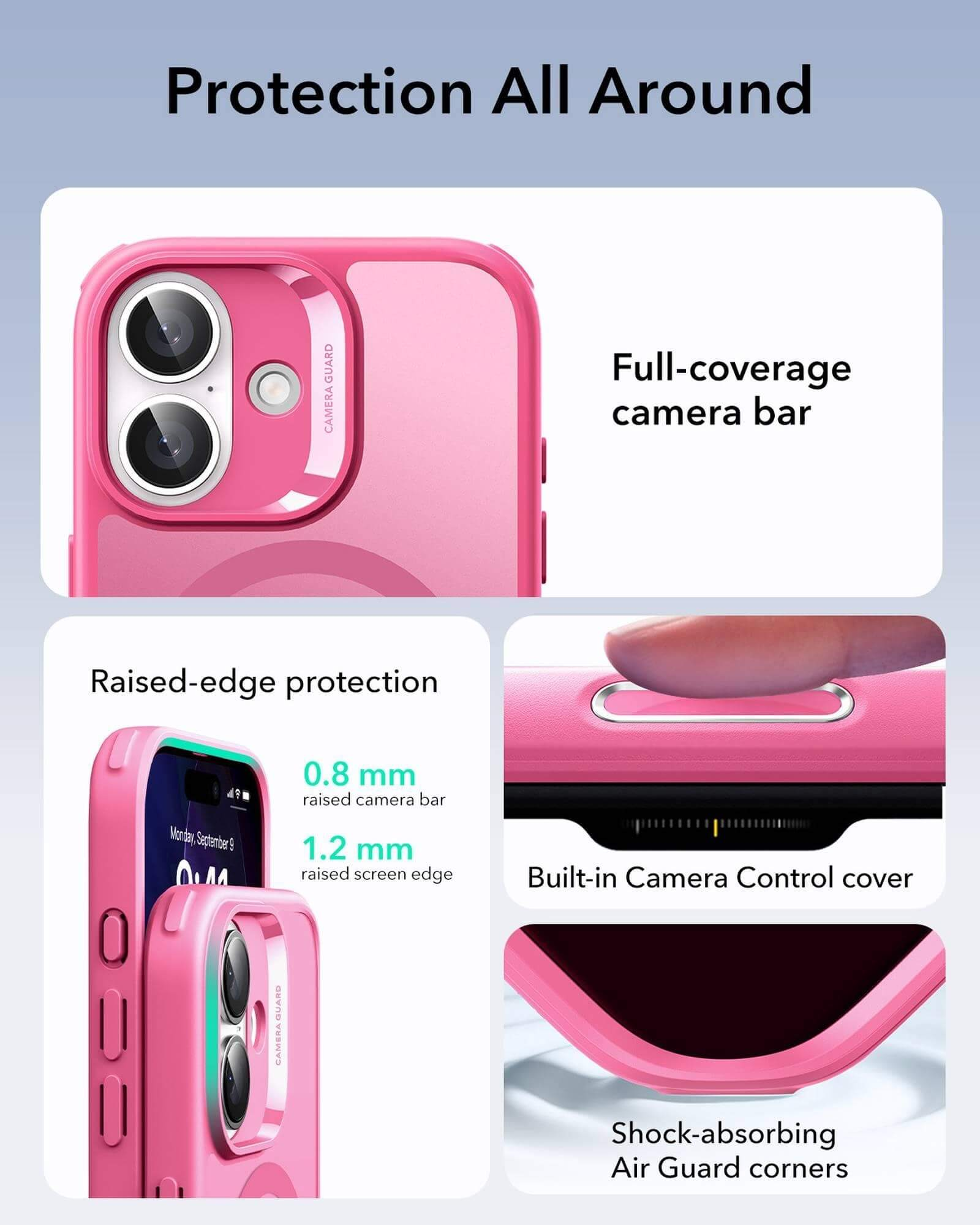Pembe telefon kılıfı, kamera koruma özellikleriyle. Yükseltilmiş kenarlar, kamera çubuğu ve darbe emici köşeler.