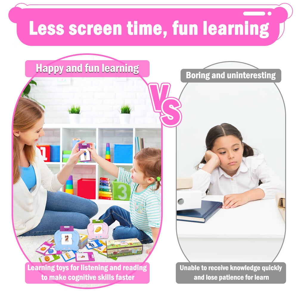 Das Bild vergleicht spielerisches Lernen mit Spielzeug mit einem gelangweilten Mädchen am Schreibtisch. Der Text lautet 'Weniger Bildschirmzeit, lustiges Lernen'.