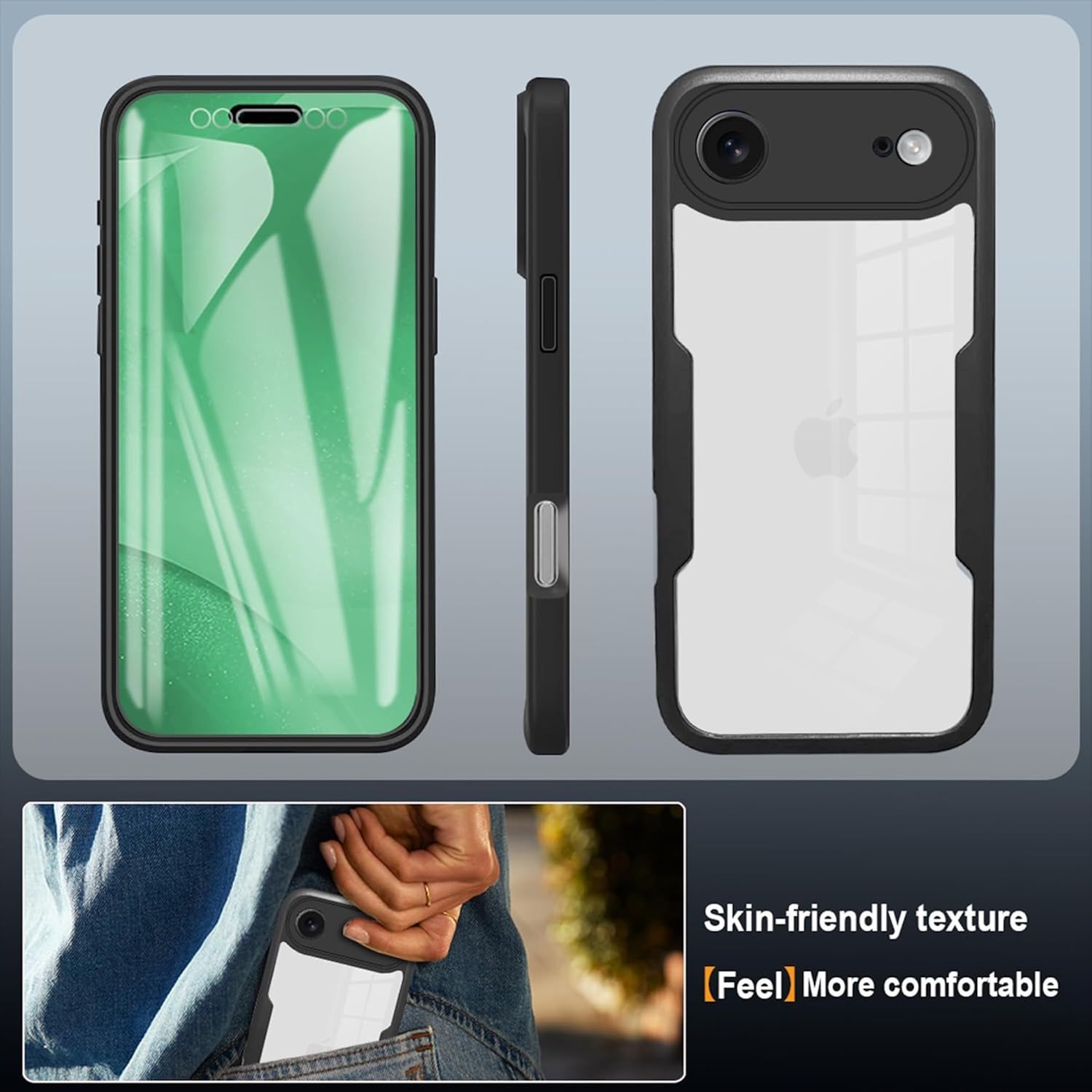 Drei Ansichten einer Handyhülle: vorne, Seite und hinten. Die Hülle ist schwarz und transparent, mit einem Handy in einer Tasche. Text: hautfreundliche Textur.