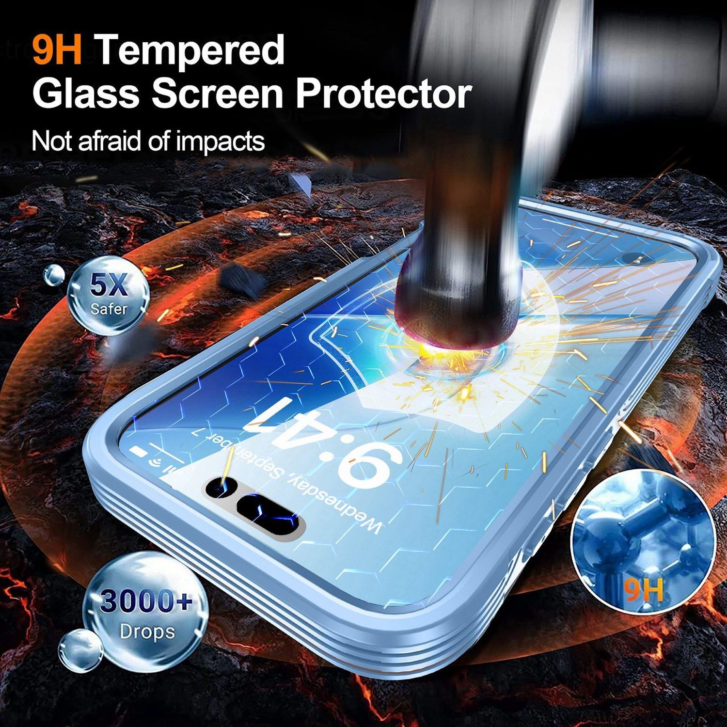 Ein Handy-Displayschutz wird von einem Hammer getroffen. Das Bild zeigt die Haltbarkeit und Eigenschaften.