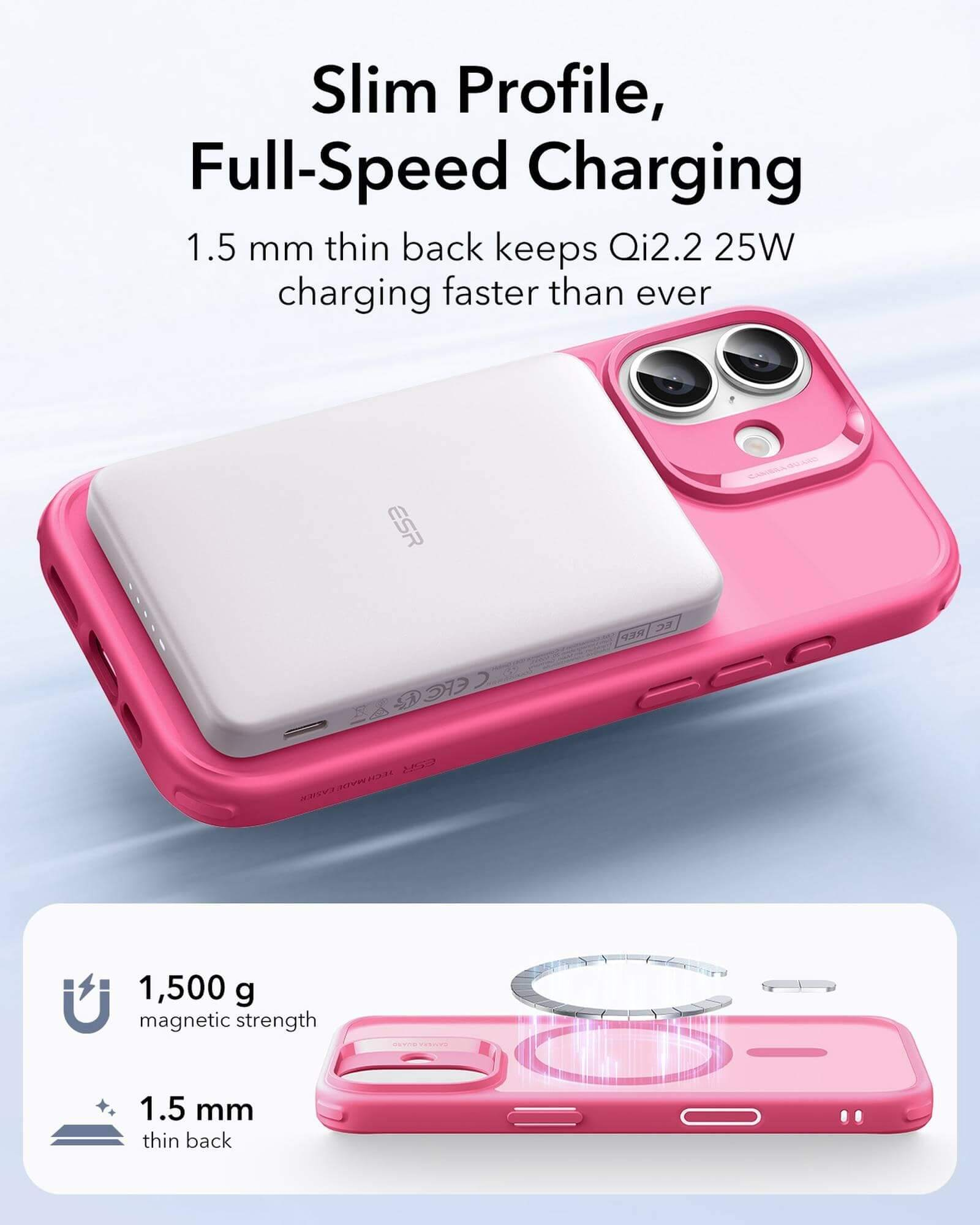 Üzerinde beyaz bir güç bankası bulunan pembe bir telefon kılıfı. Manyetik gücü ve ince arka yüzeyi gösterir.