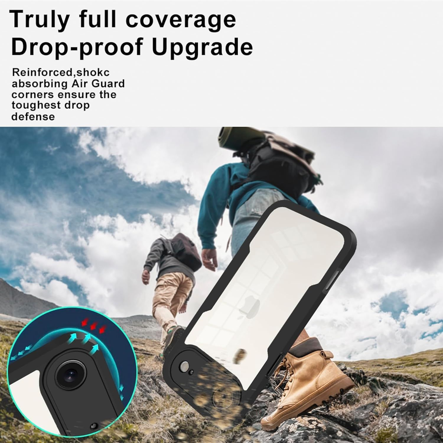 Ein Handyhülle wird vor dem Hintergrund von Wanderern auf einem Berg gehalten. Die Hülle hat schwarze Ränder. Text sagt 'Drop-proof Upgrade'.