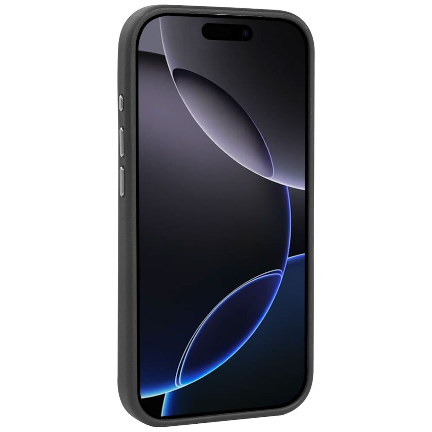 Uno smartphone nero in una custodia nera. Lo schermo mostra un design astratto scuro con curve blu e bianche.