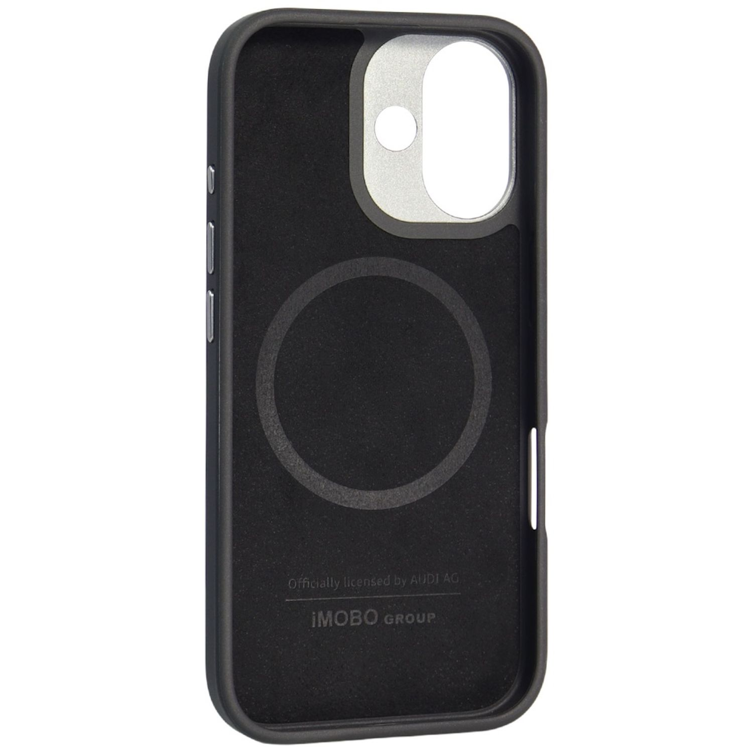 Schwarze Handyhülle mit Audi-Logo, Kameraausschnitt und MagSafe-Kreis. Die Hülle hat Knöpfe an der Seite und ist offiziell lizenziert.