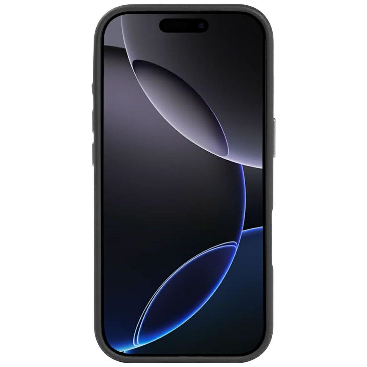 Uno smartphone nero, lo schermo mostra uno sfondo astratto scuro con linee curve e un notch in alto.