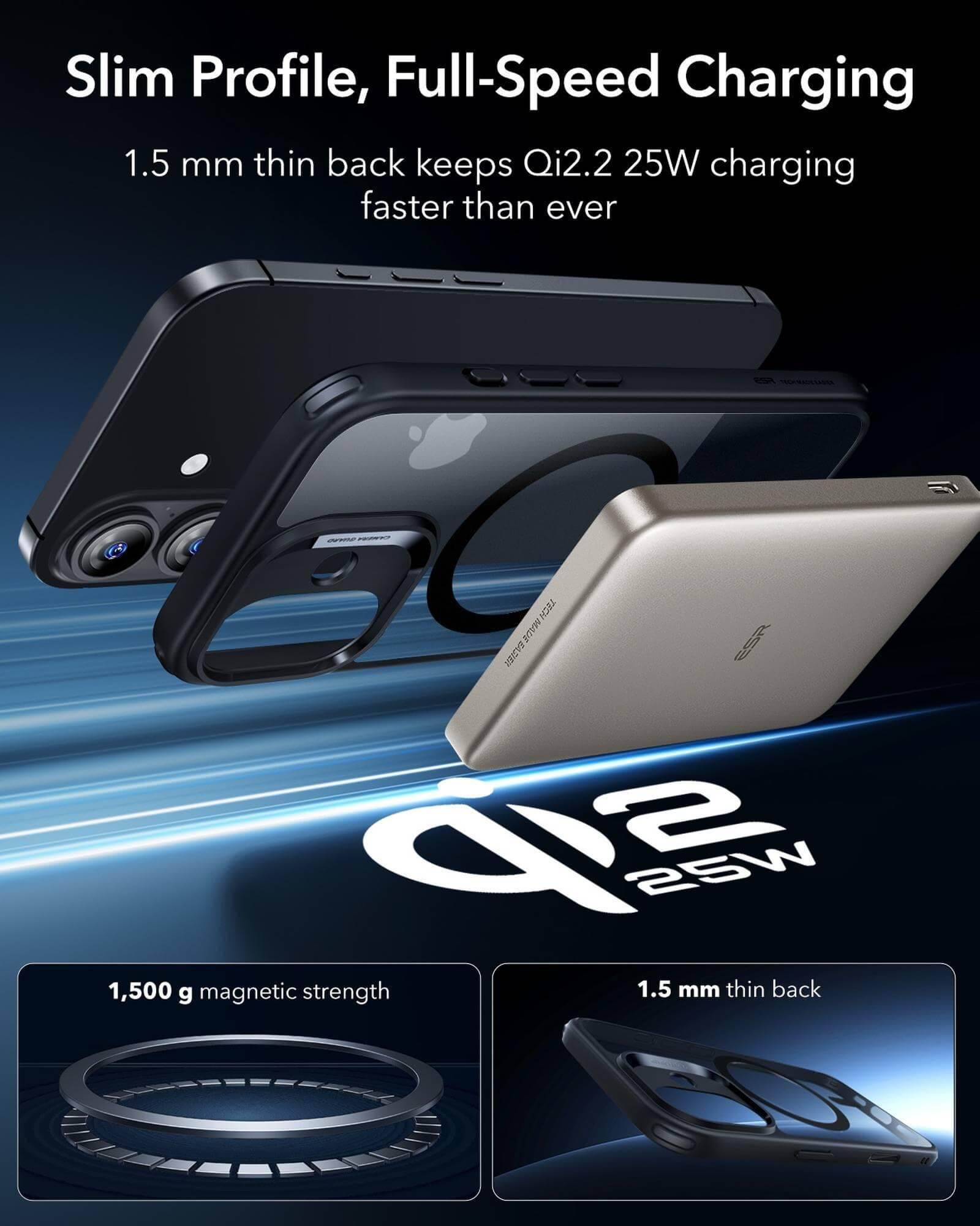 Das Bild zeigt ein Telefon mit einem Ladegerät. Text erwähnt schlankes Profil, schnelles Laden und 1,5 mm dünne Rückseite.