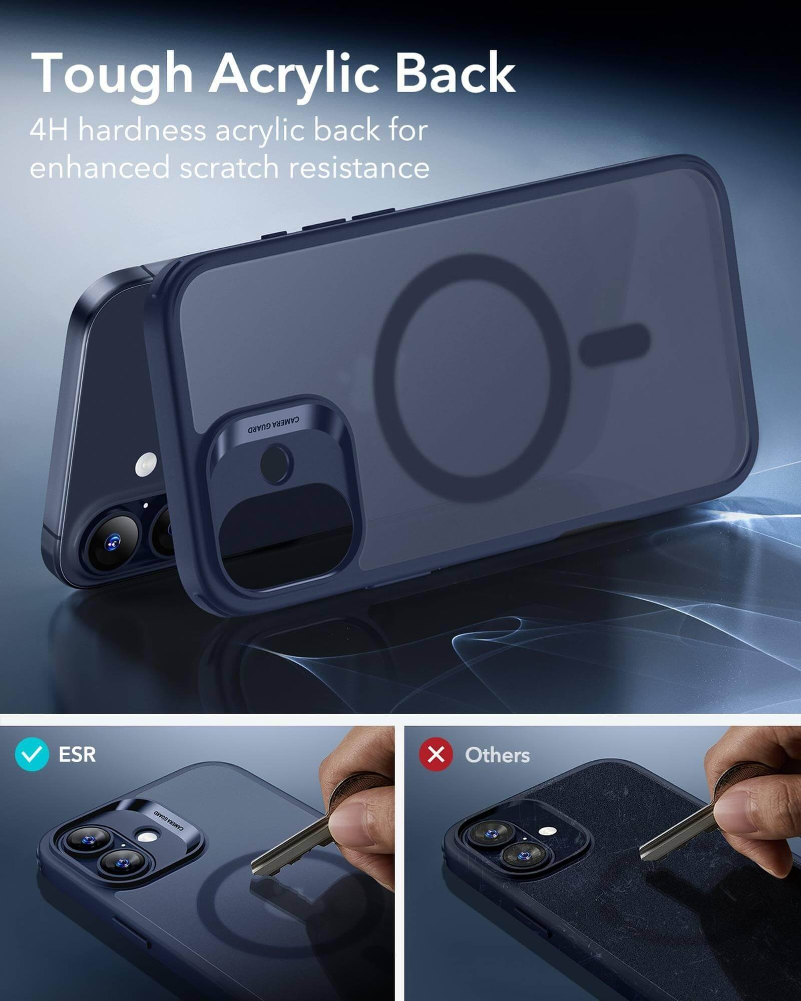 Mavi arka yüzlü telefon kılıfı, bir anahtarla çizilme direncini gösteriyor. Metin: Tough Acrylic Back.