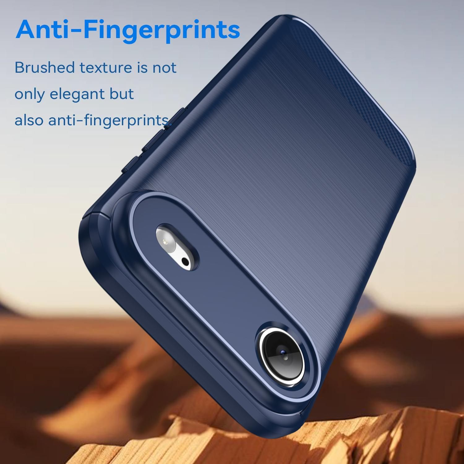 Eine marineblaue Handyhülle, angewinkelt, mit gebürsteter Textur und Kameraausschnitten. Der Text oben lautet 'Anti-Fingerprints'.