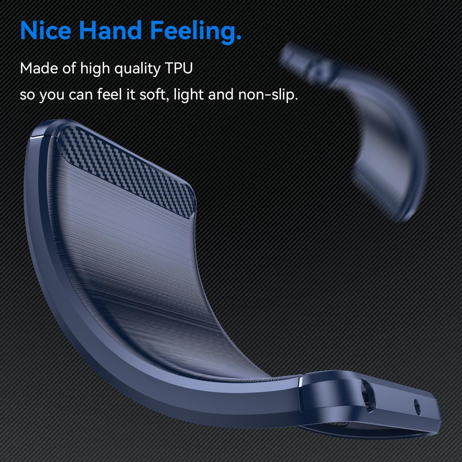 Eine blaue Handyhülle mit Carbonfasertextur, die ein gebogenes Design zeigt. Der Text lautet: Nice Hand Feeling, Made of high quality TPU.