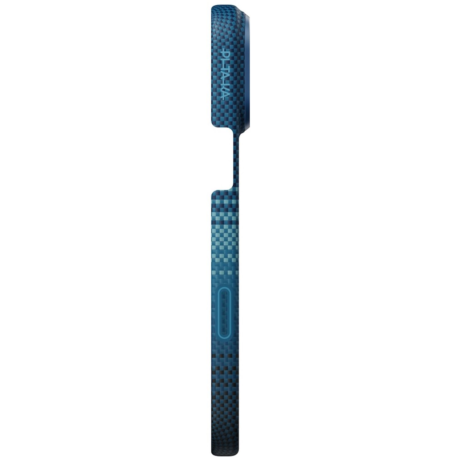 Eine blaue Handyhülle mit Karomuster. Die Hülle hat den Markennamen 'PHALJA' und einen Power-Knopf an der Seite.