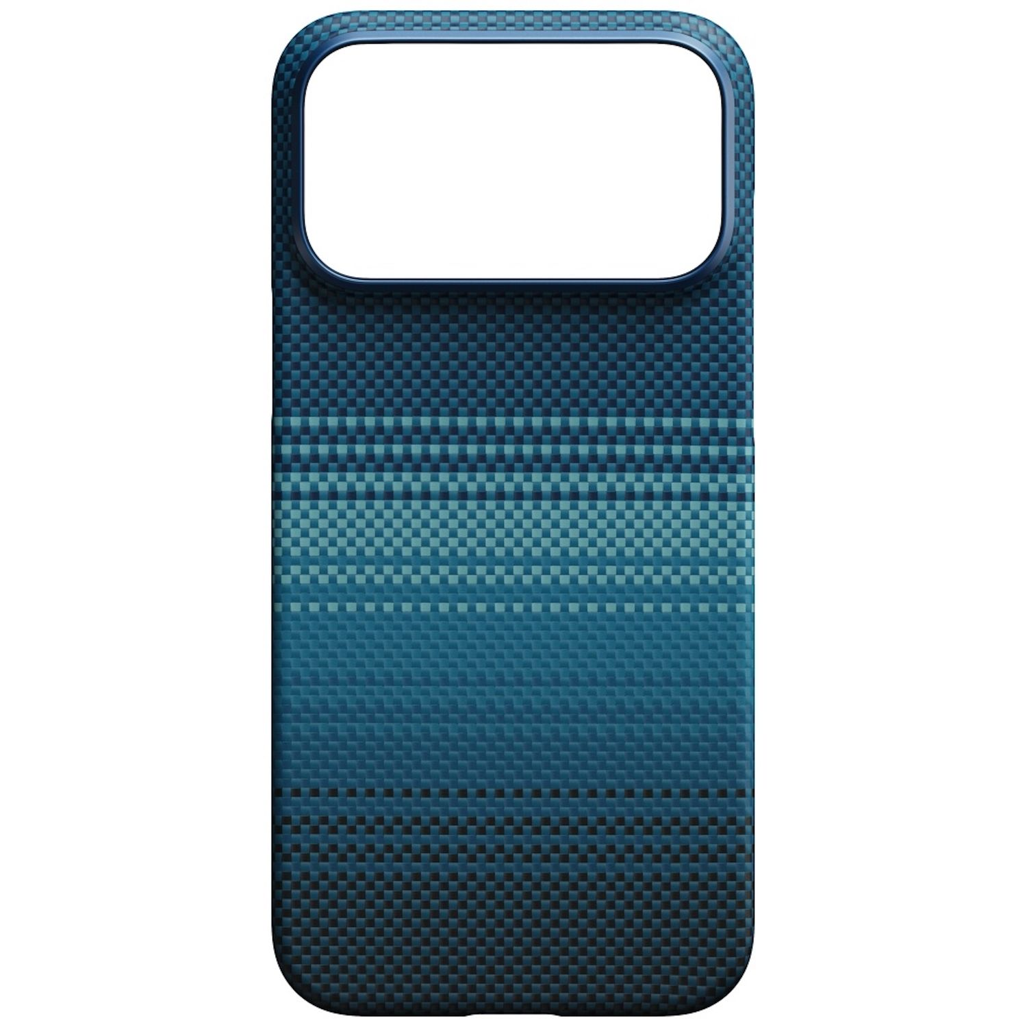 Blaue Handyhülle mit Kameraausschnitt. Das Design weist ein strukturiertes Muster mit horizontalen Bändern in verschiedenen Blau- und Grautönen auf.