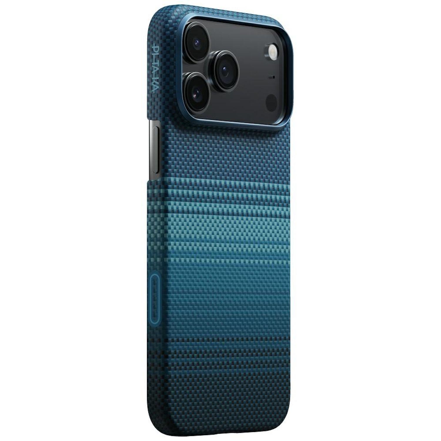Blaue iPhone-Hülle mit strukturierter Oberfläche. Die Hülle hat einen Kameraausschnitt und die Marke PLALIA ist aufgedruckt.