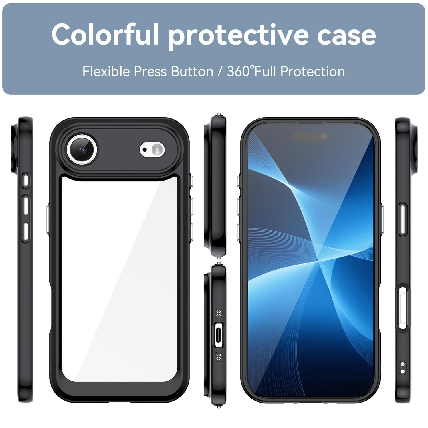 Funda negra para teléfono con parte trasera transparente, mostrada desde múltiples ángulos. Con botones y recorte para cámara. Gráfico azul en la pantalla.