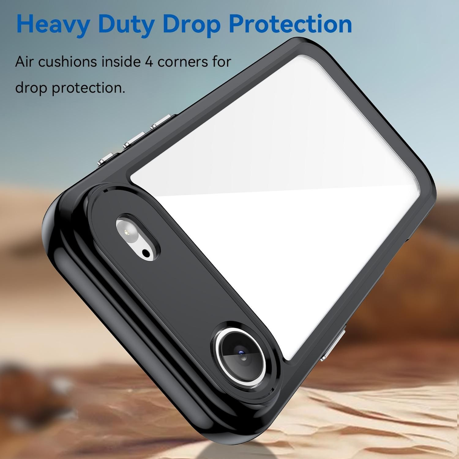 Funda negra para teléfono con recorte de cámara. Texto: "Heavy Duty Drop Protection". Cojines de aire para protección contra caídas.