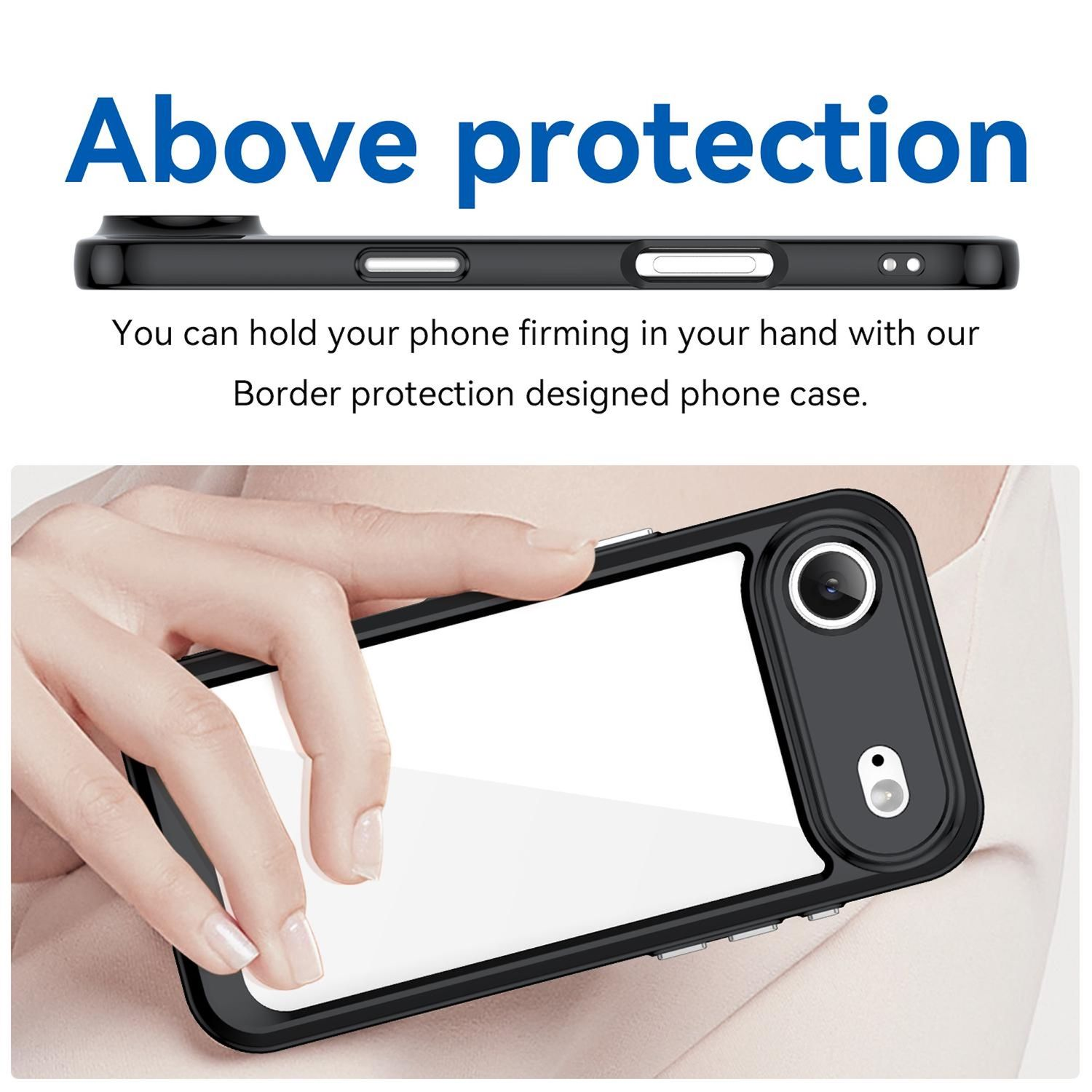 Una mano sostiene una funda negra para teléfono. Arriba, el texto dice 'Above protection'. La funda tiene recortes para cámaras y botones.