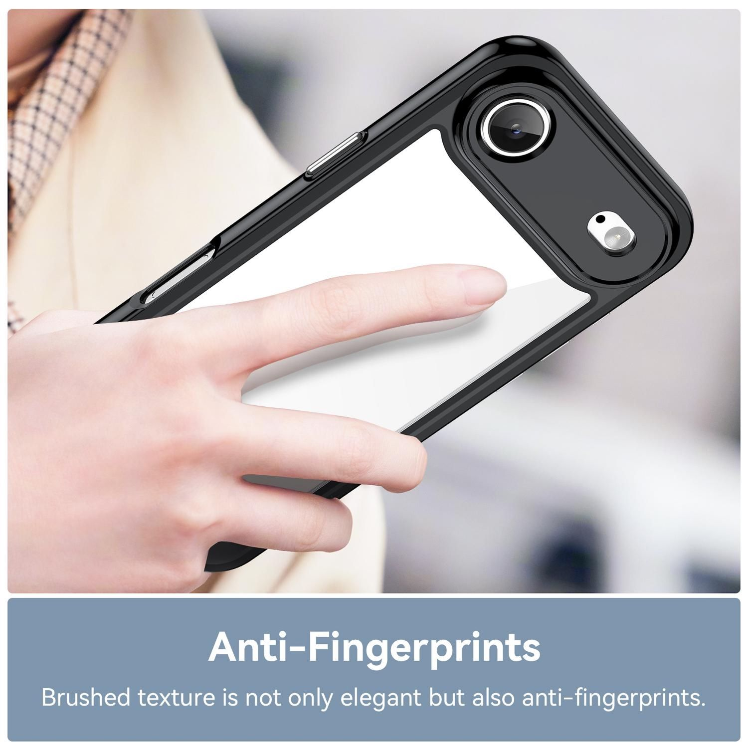 Una funda de teléfono negra sostenida por una mano. La funda es transparente en el centro. Texto abajo dice Anti-Fingerprints.
