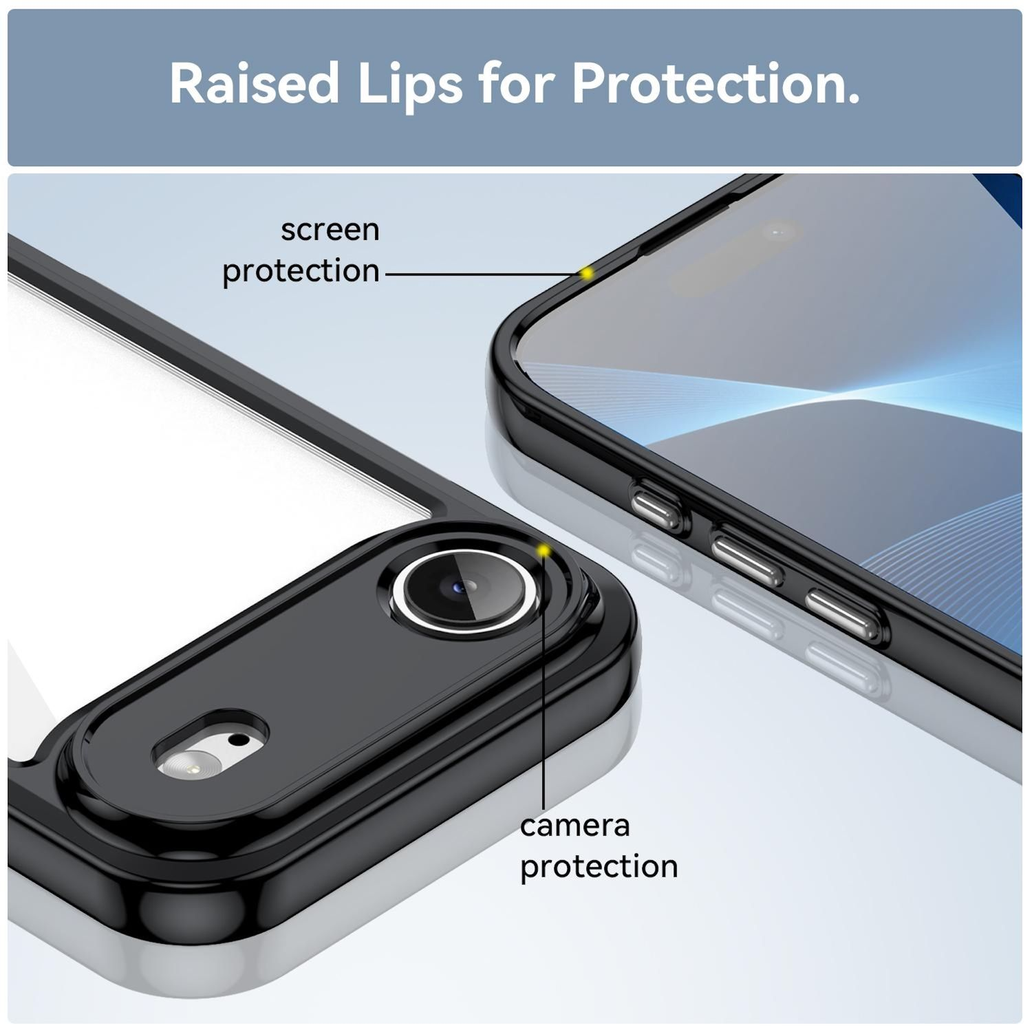 Primer plano de una funda de teléfono que muestra bordes elevados para proteger la pantalla y la cámara. Funda negra y transparente con contorno de teléfono.