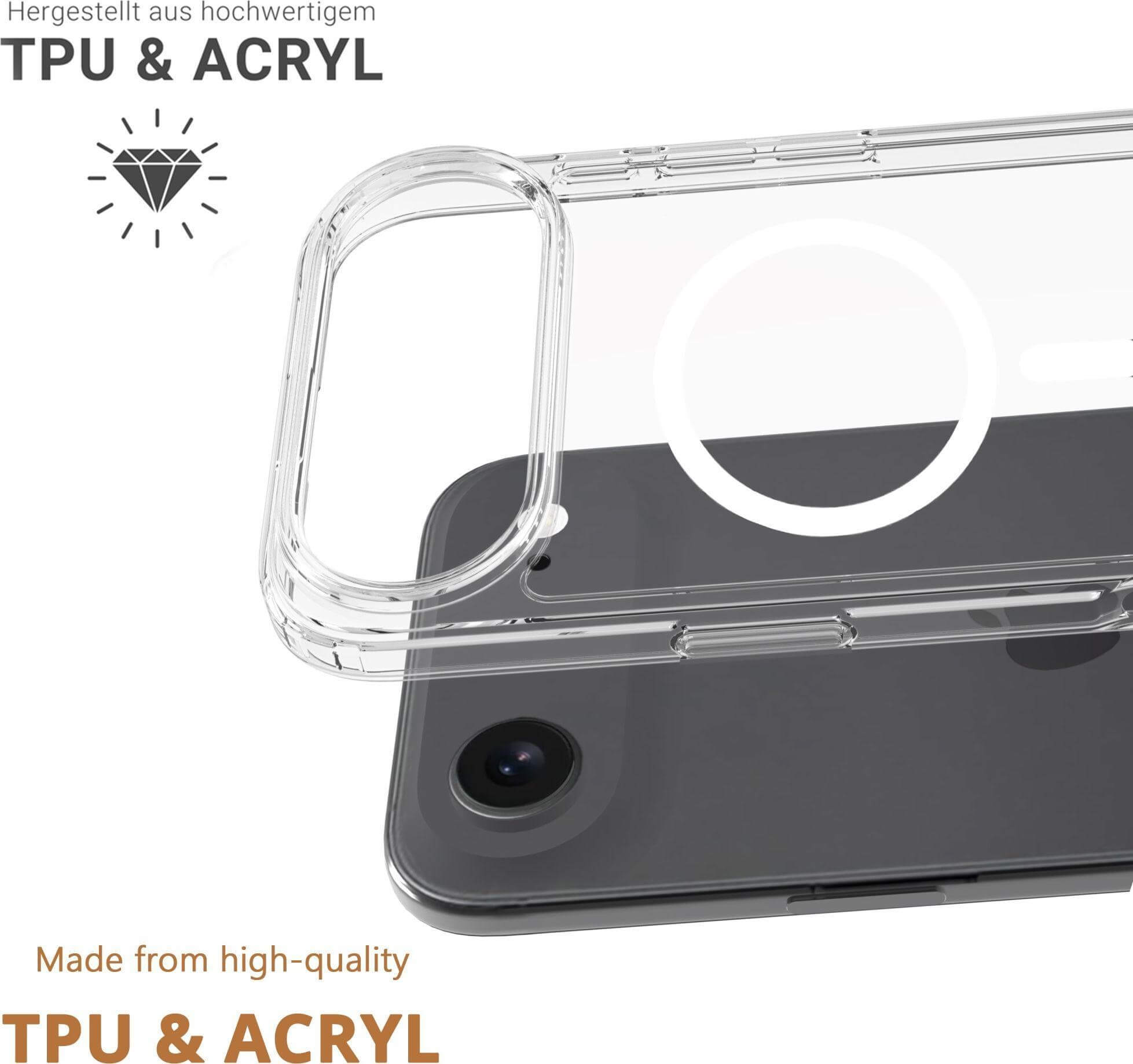 Coque de téléphone transparente sur téléphone noir. Logo diamant et texte : 'Fabriqué en TPU et ACRYL de haute qualité'.