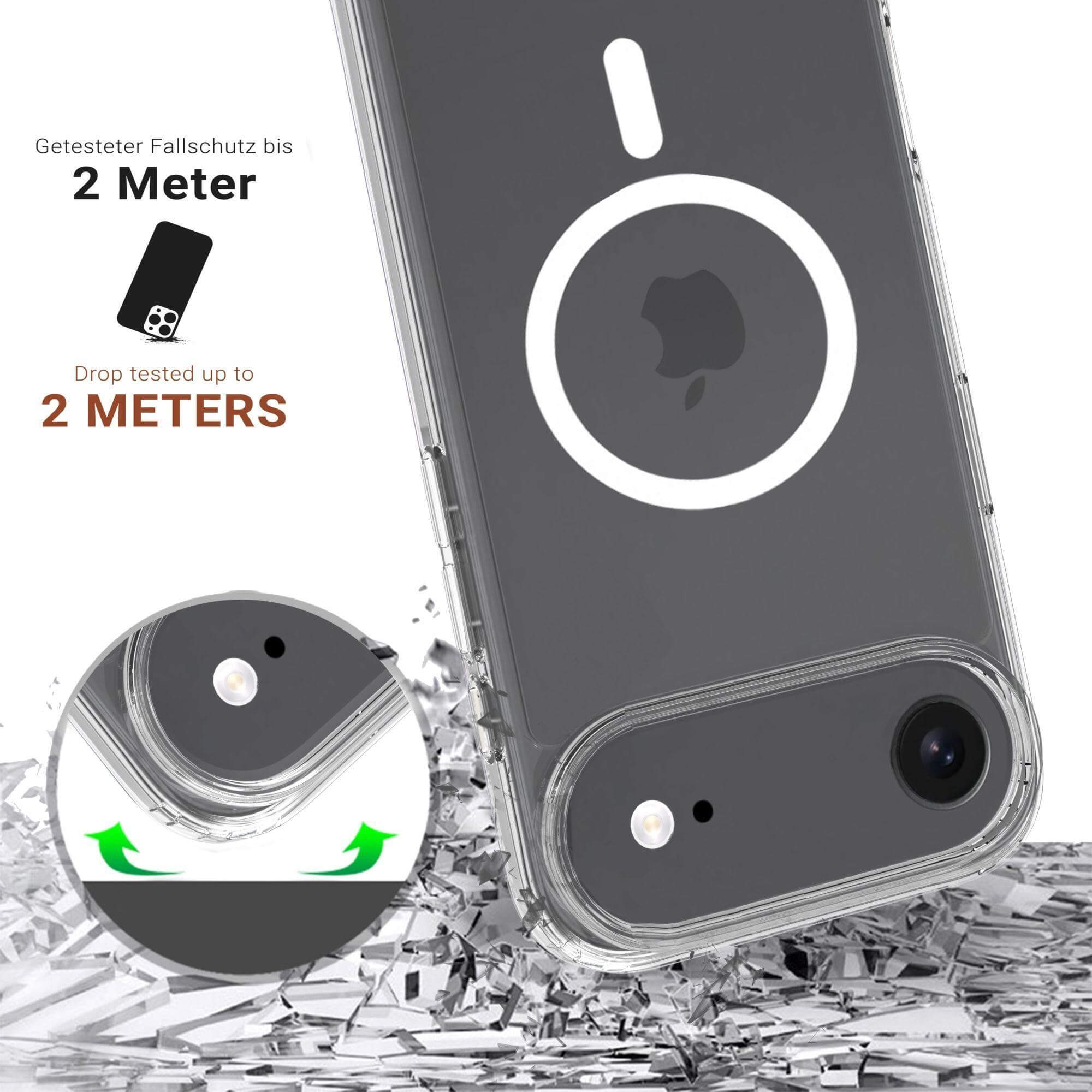 Une coque de téléphone est montrée avec une affirmation de test de chute. La coque est transparente, avec un logo Apple.