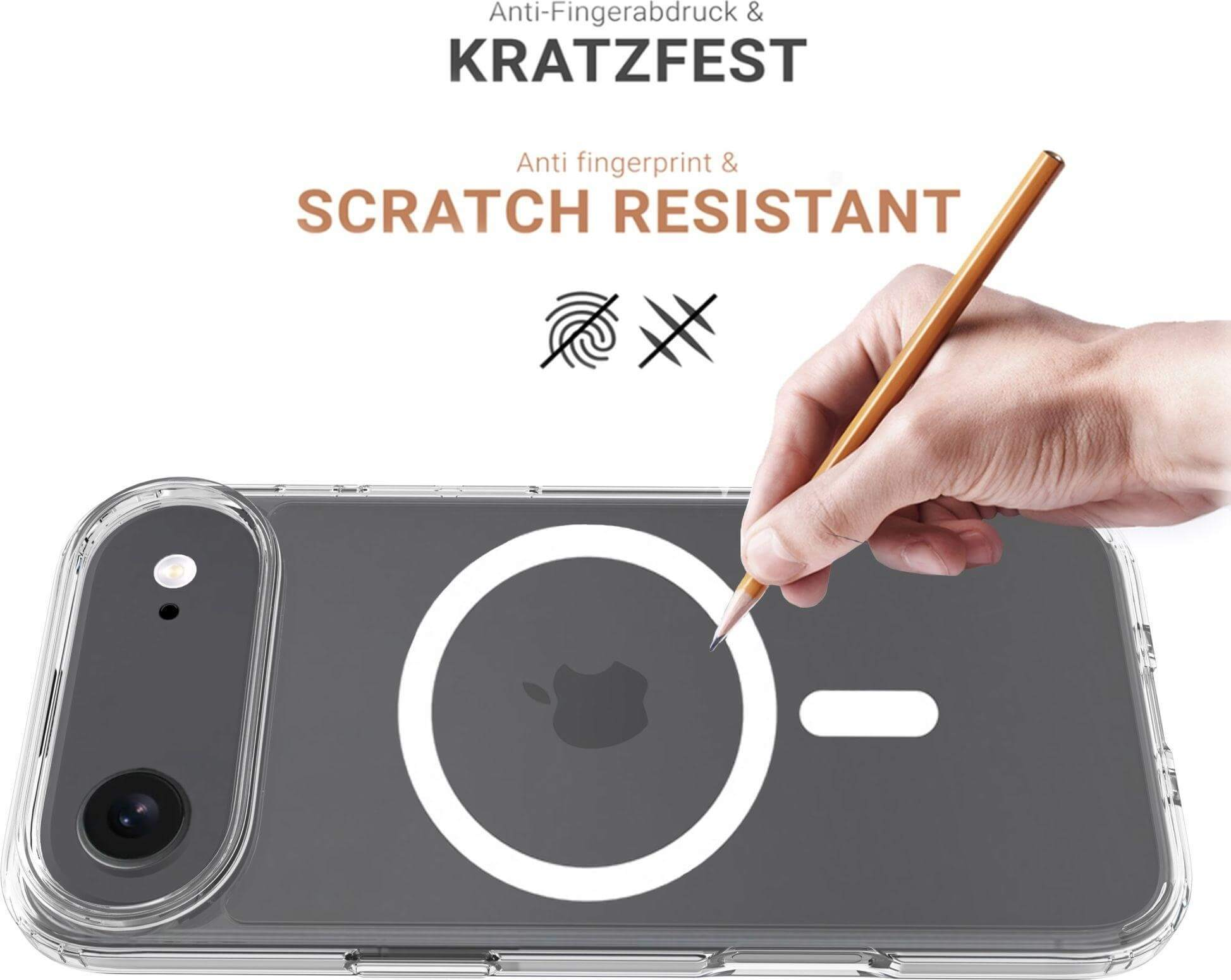Une coque de téléphone transparente pointée par un crayon. Texte : 'Résistant aux rayures' et 'Kratzfest'.