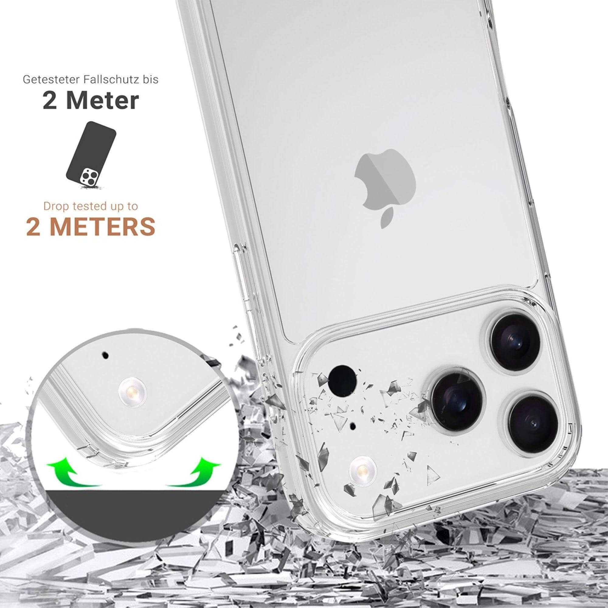 Klare Handyhülle mit einem iPhone. Die Hülle wurde für Stürze bis zu 2 Metern getestet. Der Hintergrund ist zerbrochenes Glas.