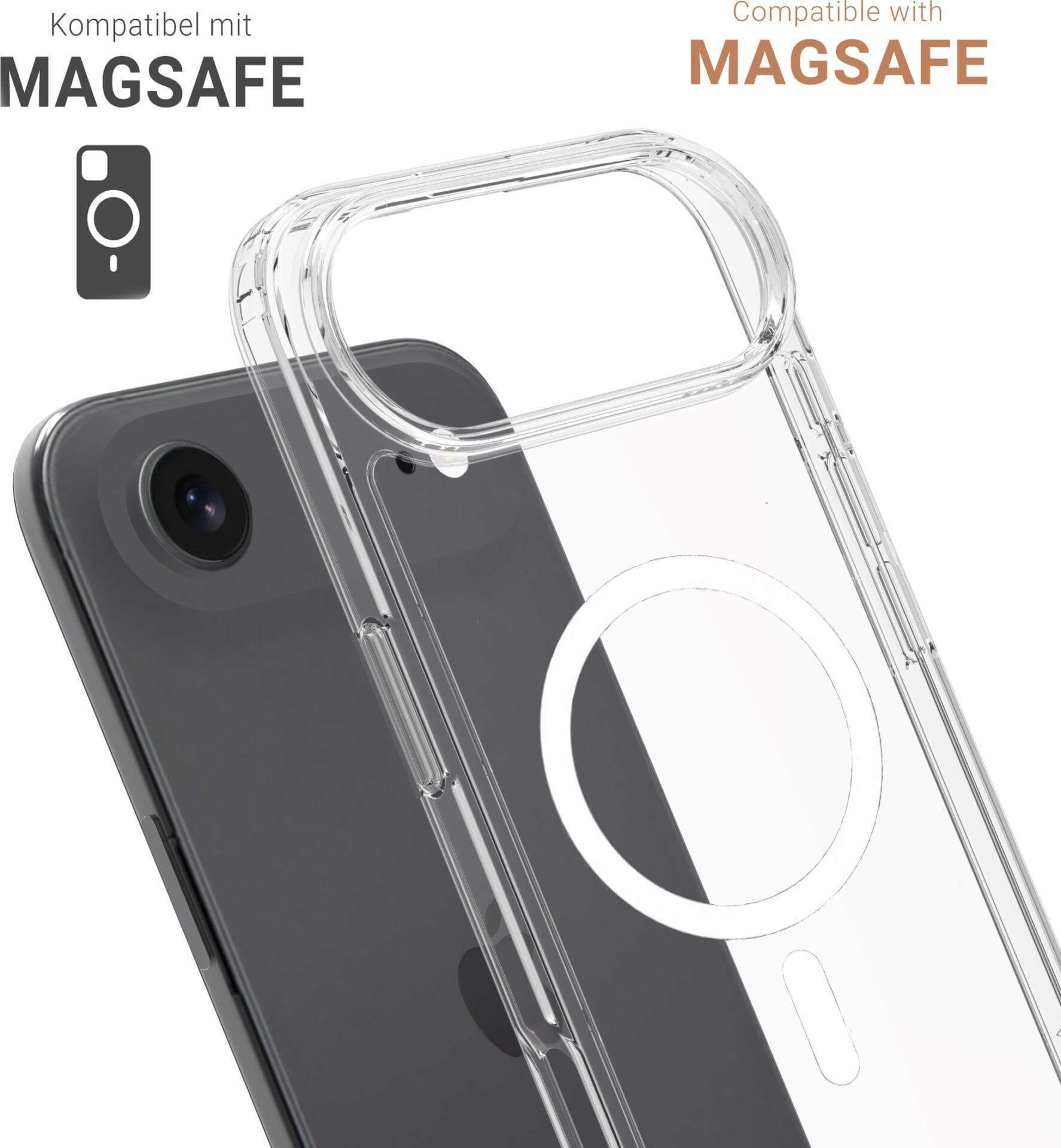 Une coque de téléphone transparente sur un téléphone sombre. L'étui a un design MagSafe circulaire. Les mots MagSafe apparaissent.