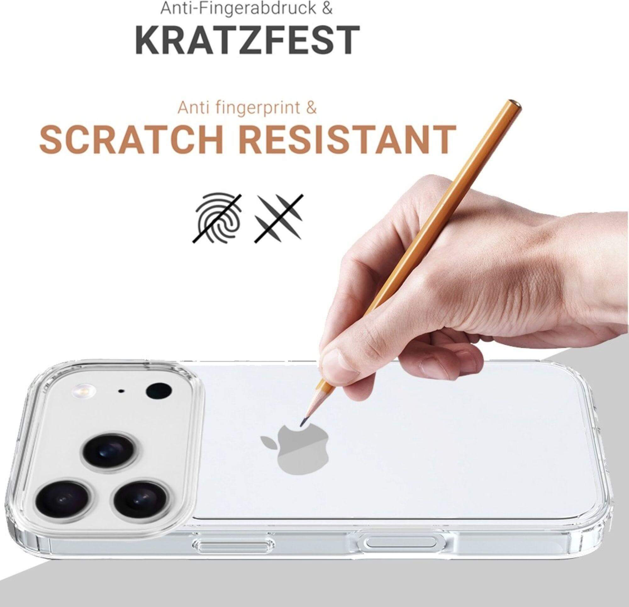 Eine Hand, die einen Bleistift hält und kurz davor ist, ein Telefon in einer durchsichtigen Hülle zu berühren. Text sagt kratzfest und Anti-Fingerabdruck.