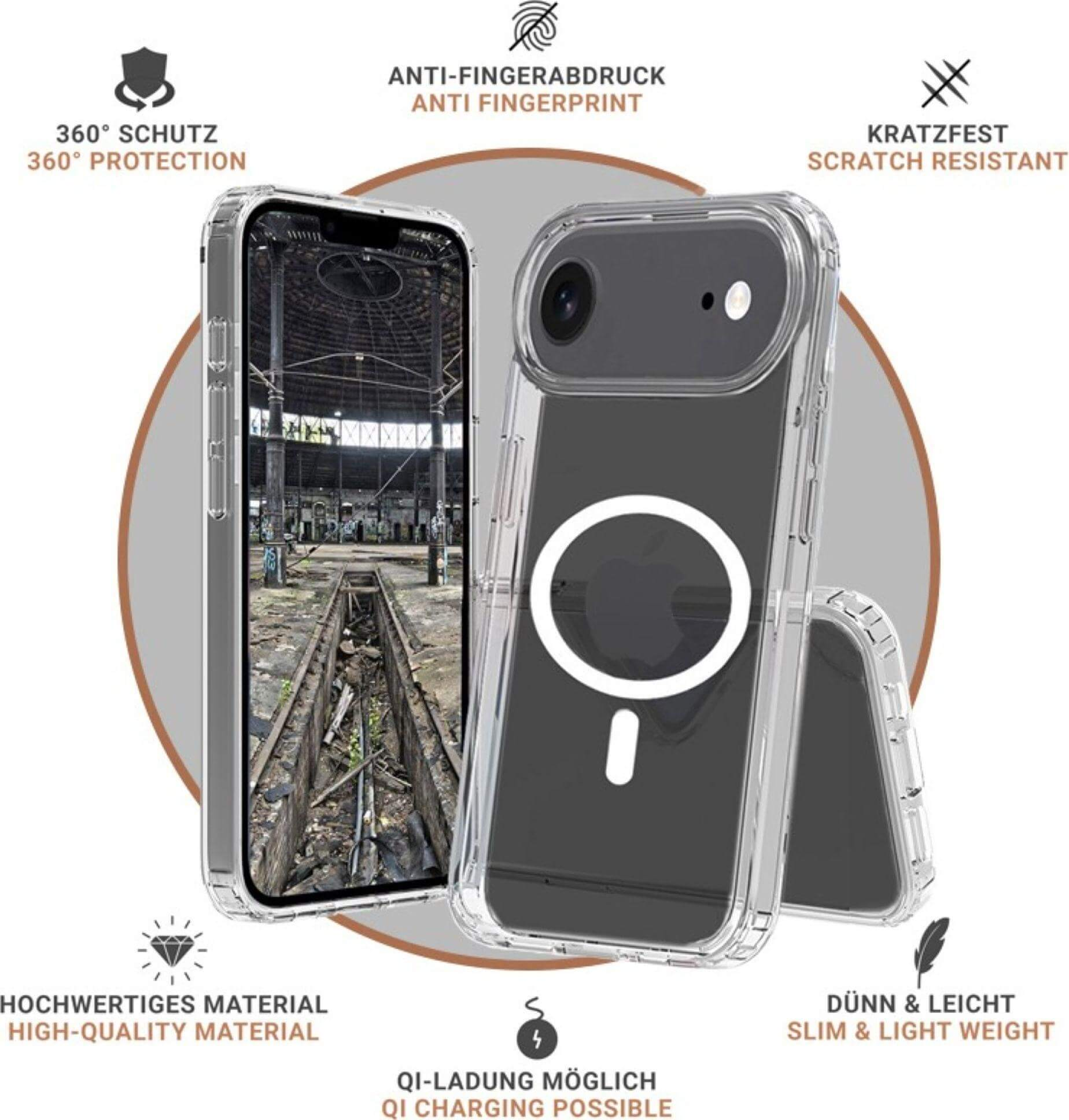 Coque de téléphone transparente avec cercle de charge magnétique, montrant l'intérieur d'un bâtiment. Le texte met en évidence des fonctionnalités.