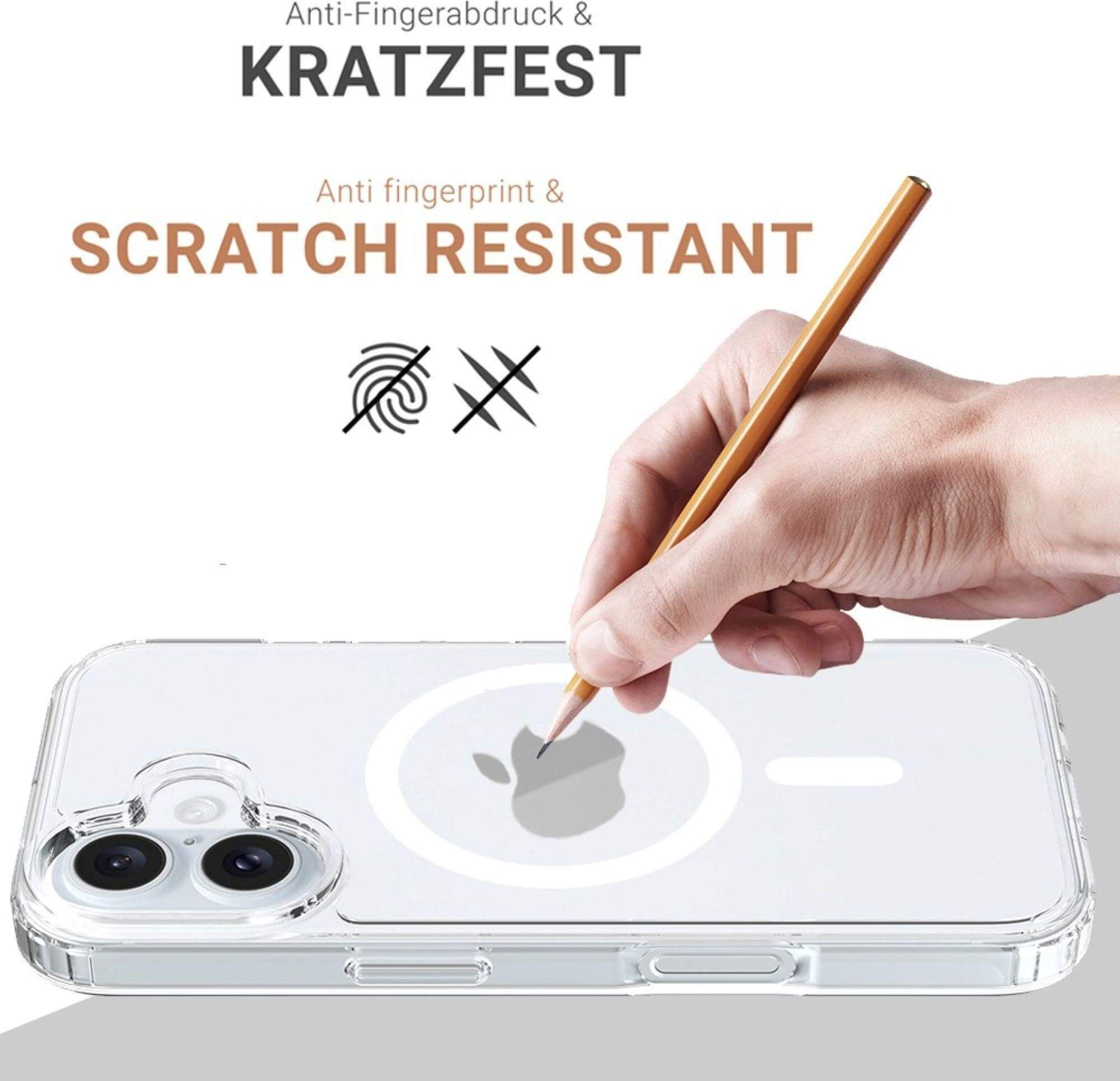 Hand, die einen Bleistift über einer transparenten Handyhülle mit Apple-Logo hält. Text: Anti-Fingerabdruck & kratzfest.