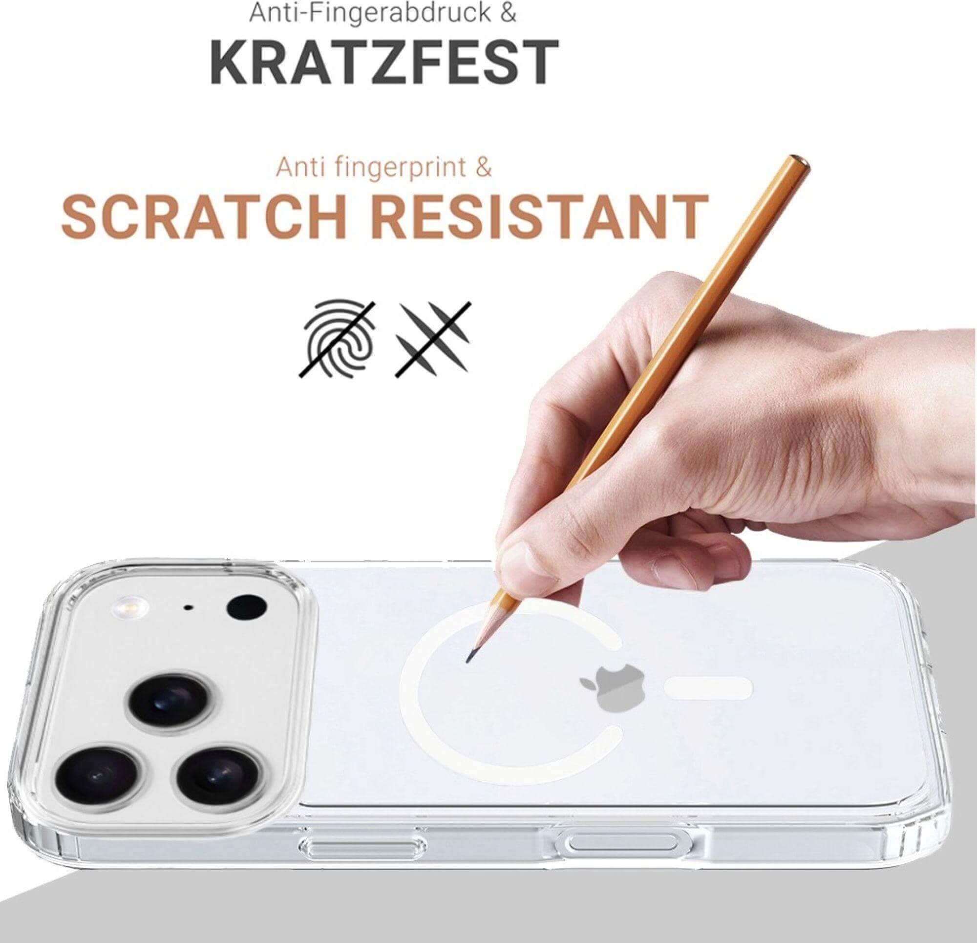 Eine Hand mit Bleistift berührt eine Handyhülle. Text sagt 'Kratzfest'.