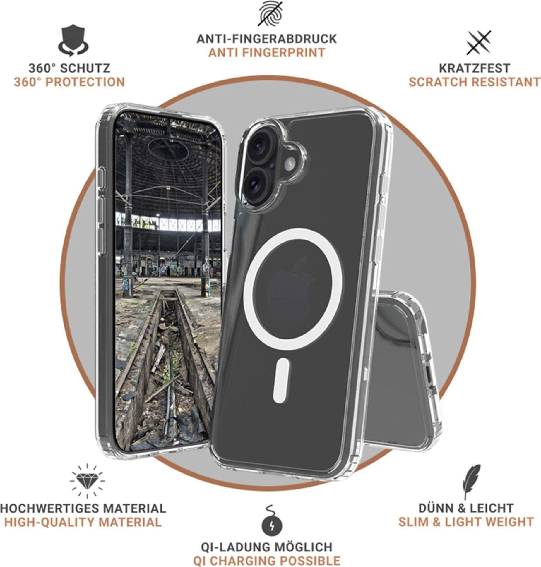 Transparente Handyhülle mit MagSafe-Ring. Merkmale: 360° Schutz, Anti-Fingerabdruck, Kratzfestigkeit und Qi-Laden.