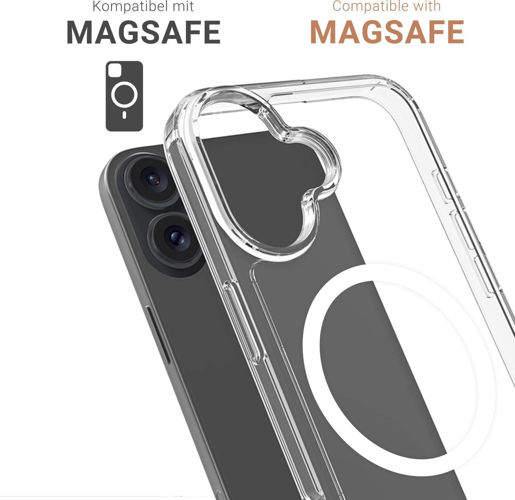 Ein Telefon mit einer durchsichtigen Hülle, das die Rückseite des Telefons und die MagSafe-Kompatibilität zeigt. Text sagt 'Magsafe'.