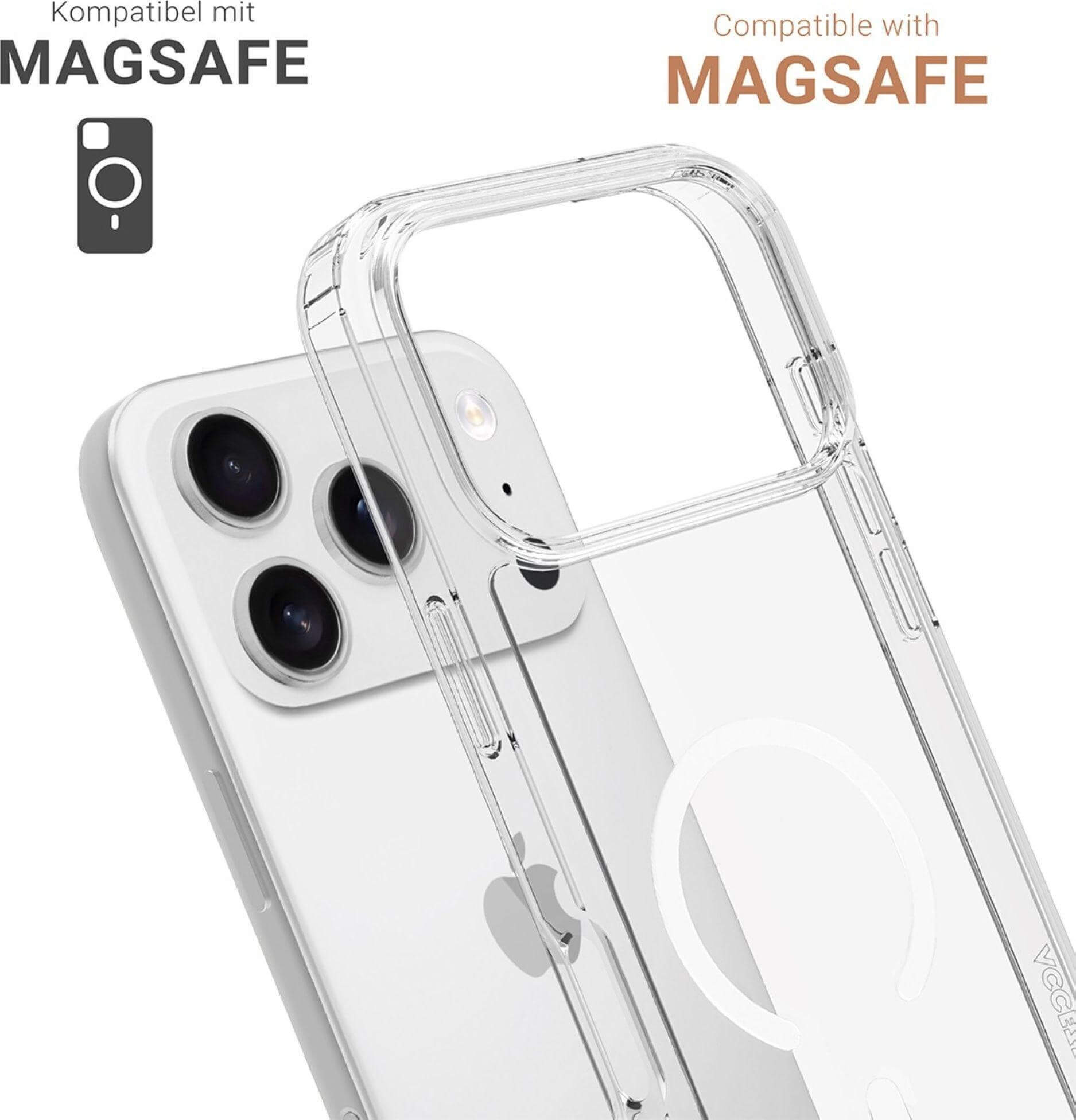 Ein weißes iPhone mit einer transparenten Schutzhülle, mit dem Text 'MAGSAFE'.