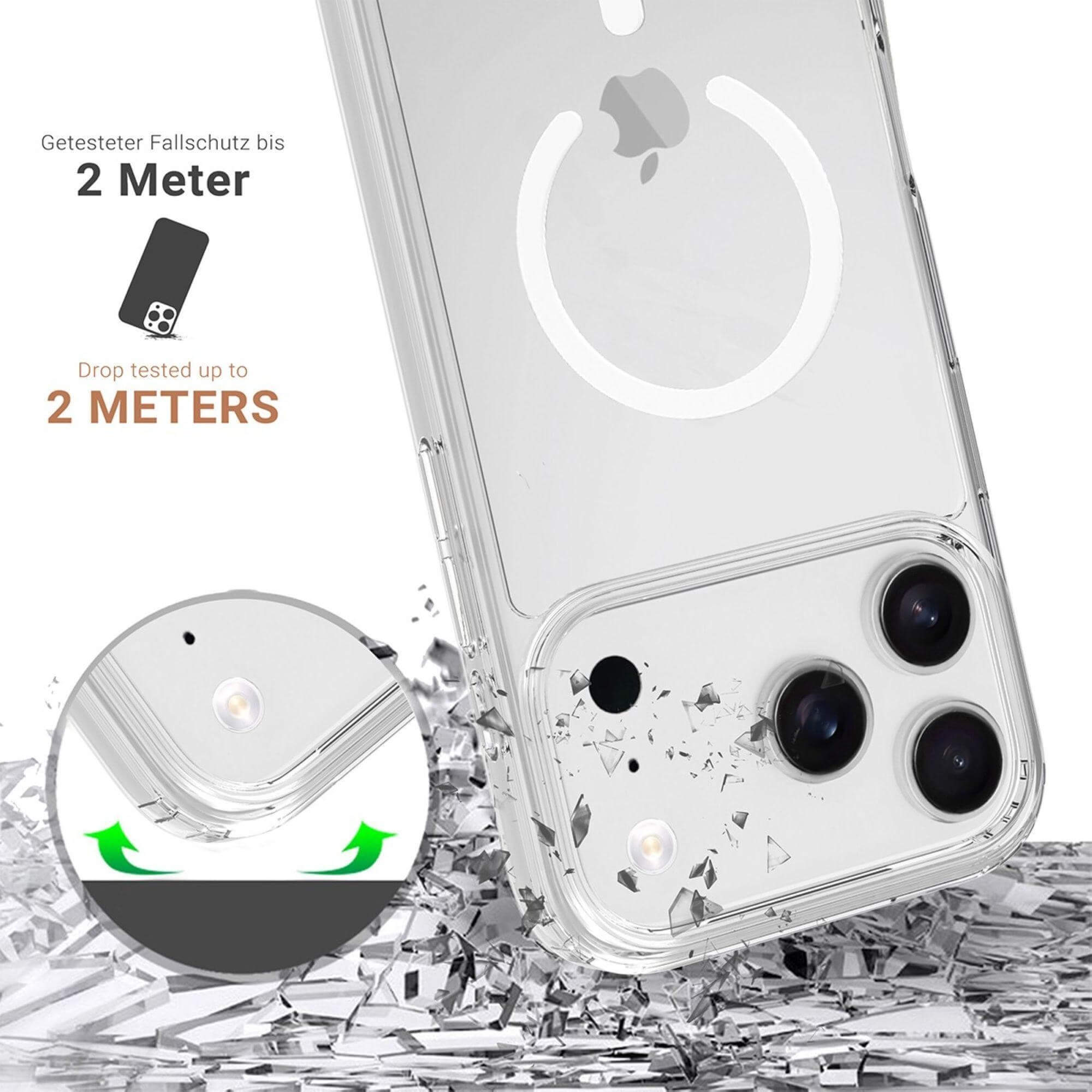 Transparente Handyhülle mit Apple-Logo und Text über Sturzschutz. Zersplittertes Glas im Hintergrund.