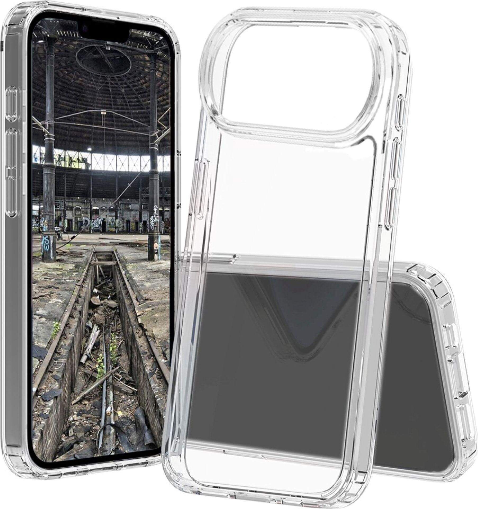 Transparente Handyhülle mit einem Telefon, das ein altes, industrielles Interieur mit Säulen und beschädigtem Boden zeigt.