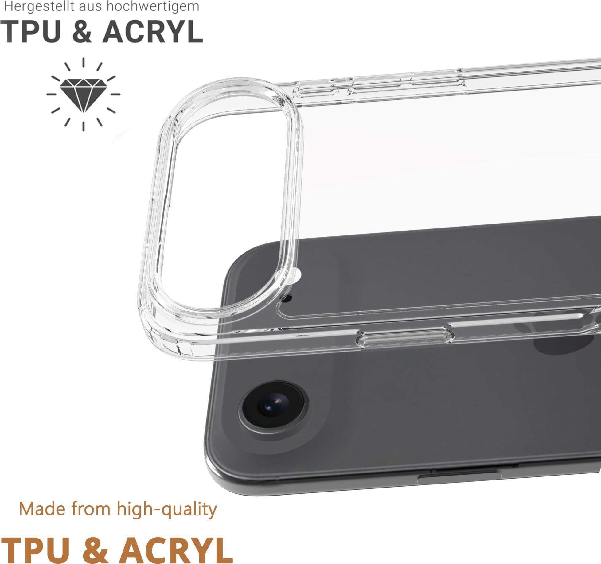 Eine transparente Handyhülle auf einem grauen Telefon. Die Hülle befindet sich über der oberen linken Seite des Telefons.