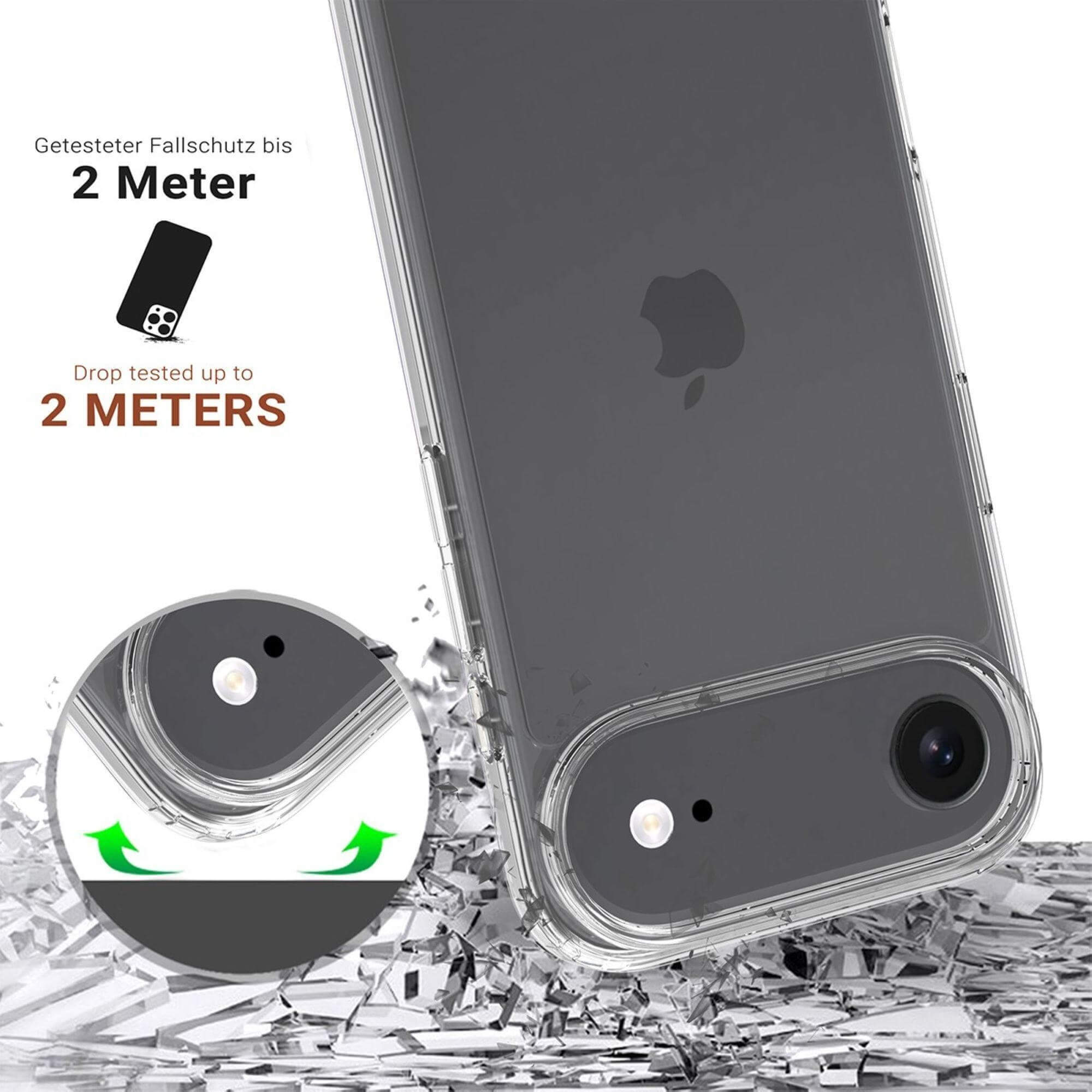 Transparente Handyhülle mit schwarzem Handy. Text zum Fallschutz. Der Hintergrund zeigt zerbrochenes Glas.