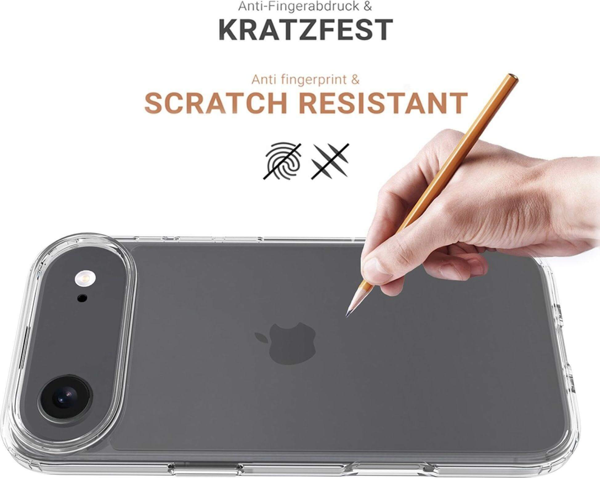 Hand hält Bleistift in der Nähe einer Handyhülle, mit Text, der darauf hinweist, dass sie kratz- und fingerabdruckresistent ist.