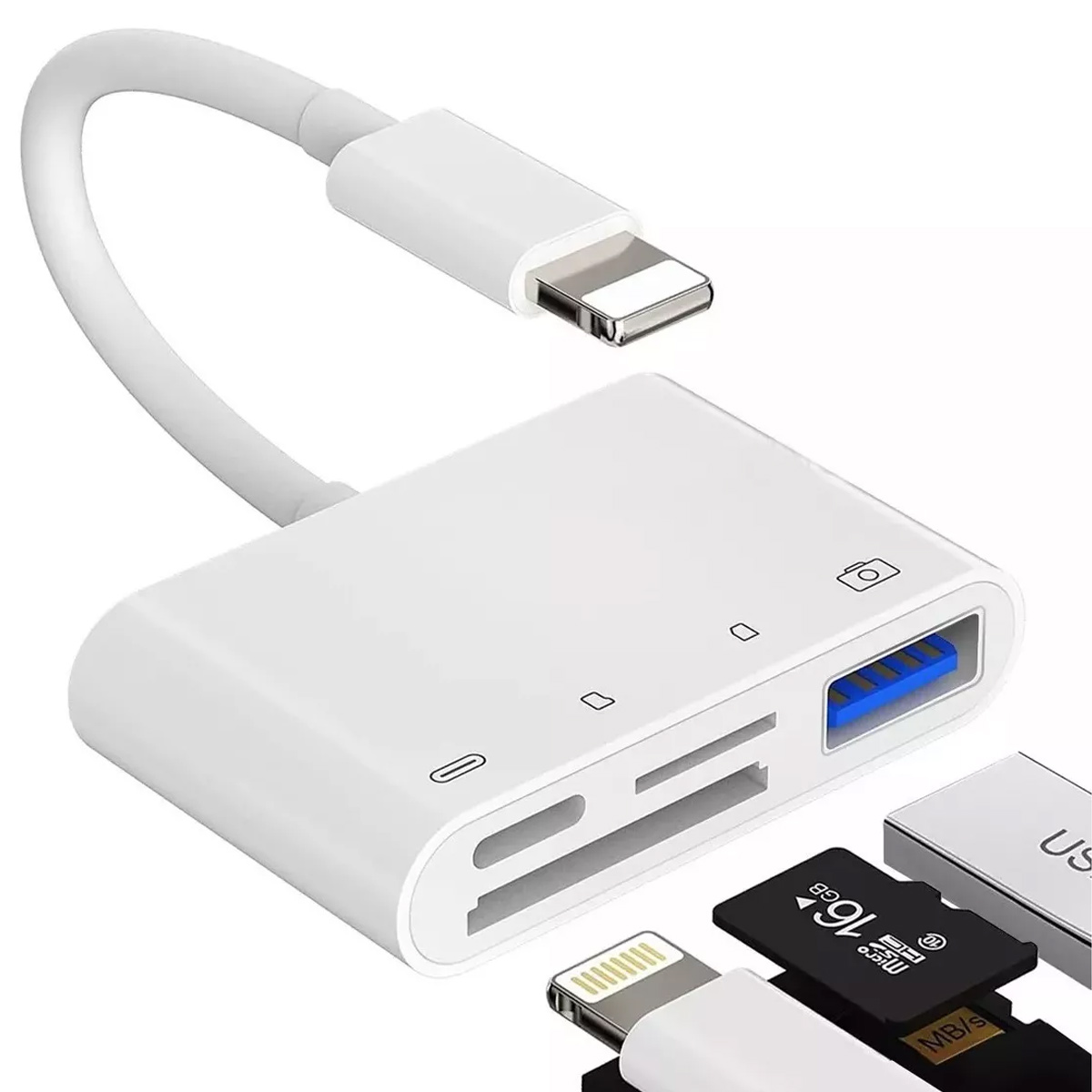 Weißer Kartenleser mit USB- und Lightning-Anschlüssen, sowie einem USB-Anschluss und SD-Kartensteckplätzen. Enthält eine 16GB Micro-SD-Karte.