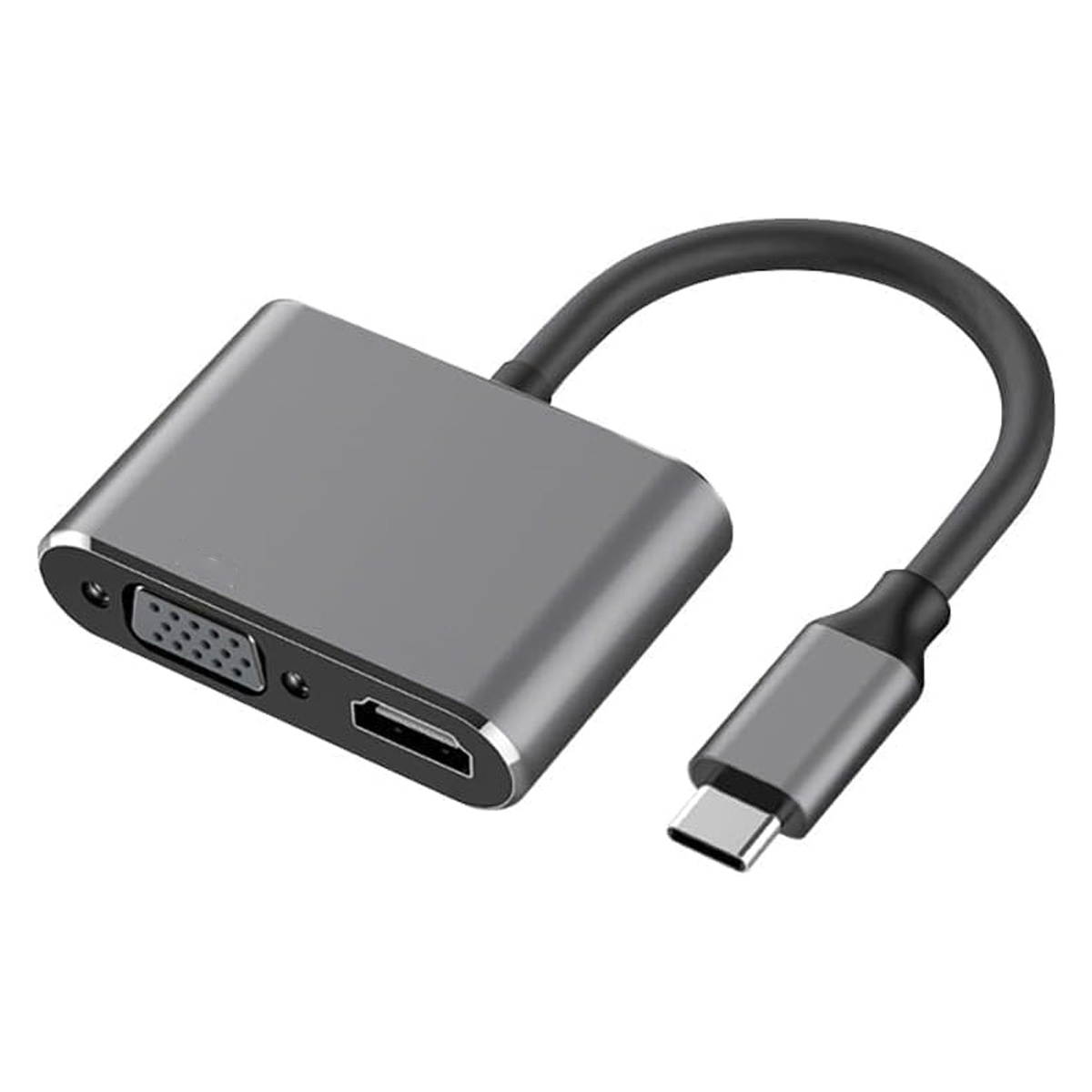 Ein grauer USB-C-Adapter mit VGA-, HDMI-Anschlüssen und einem USB-C-Anschluss. Er hat ein gebogenes schwarzes Kabel.