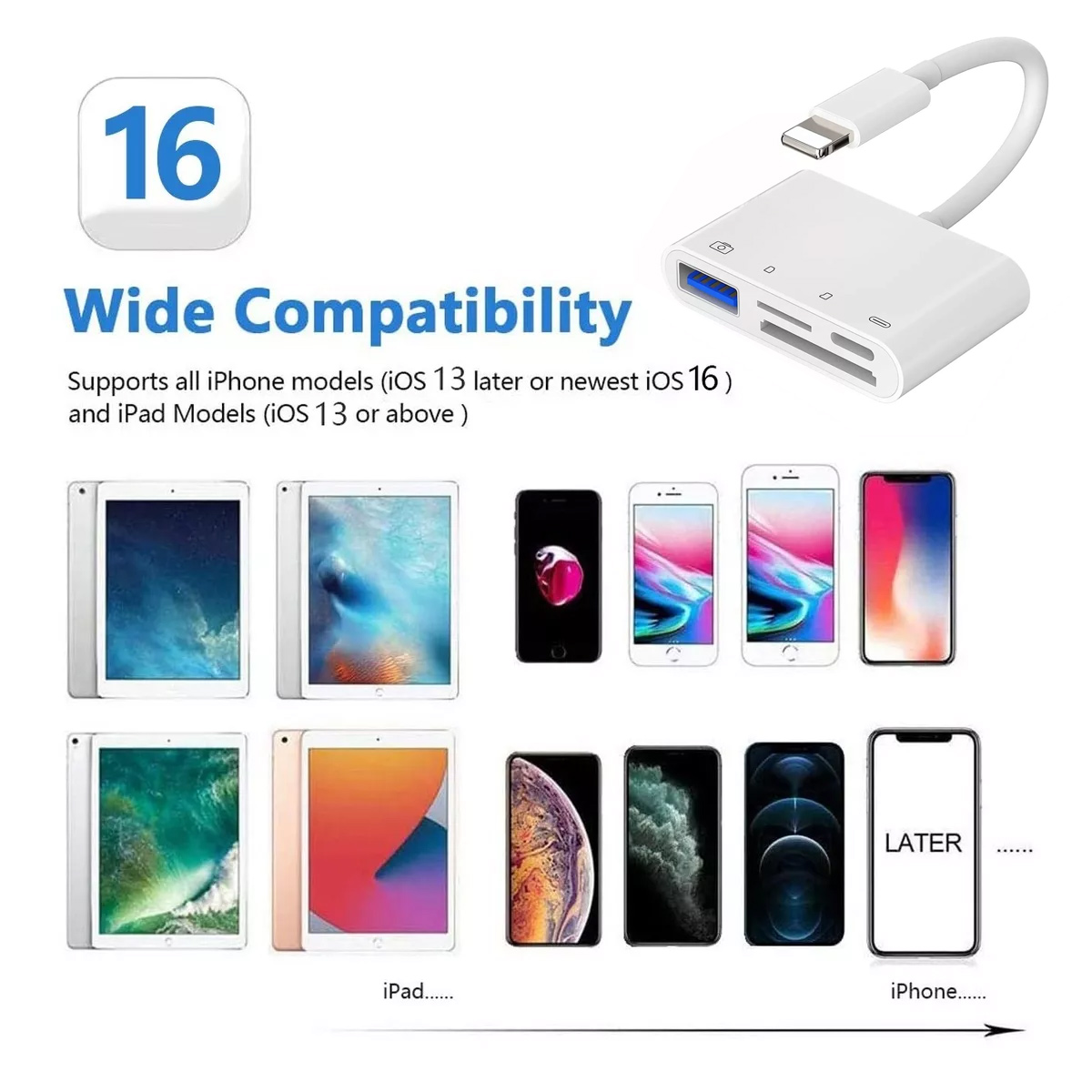 Das Bild zeigt einen Kartenleser, Telefone und Tablets. Der Text lautet 'Wide Compatibility' und 'Unterstützt iPhone/iPad-Modelle'. Die Zahl '16' ist vorhanden.