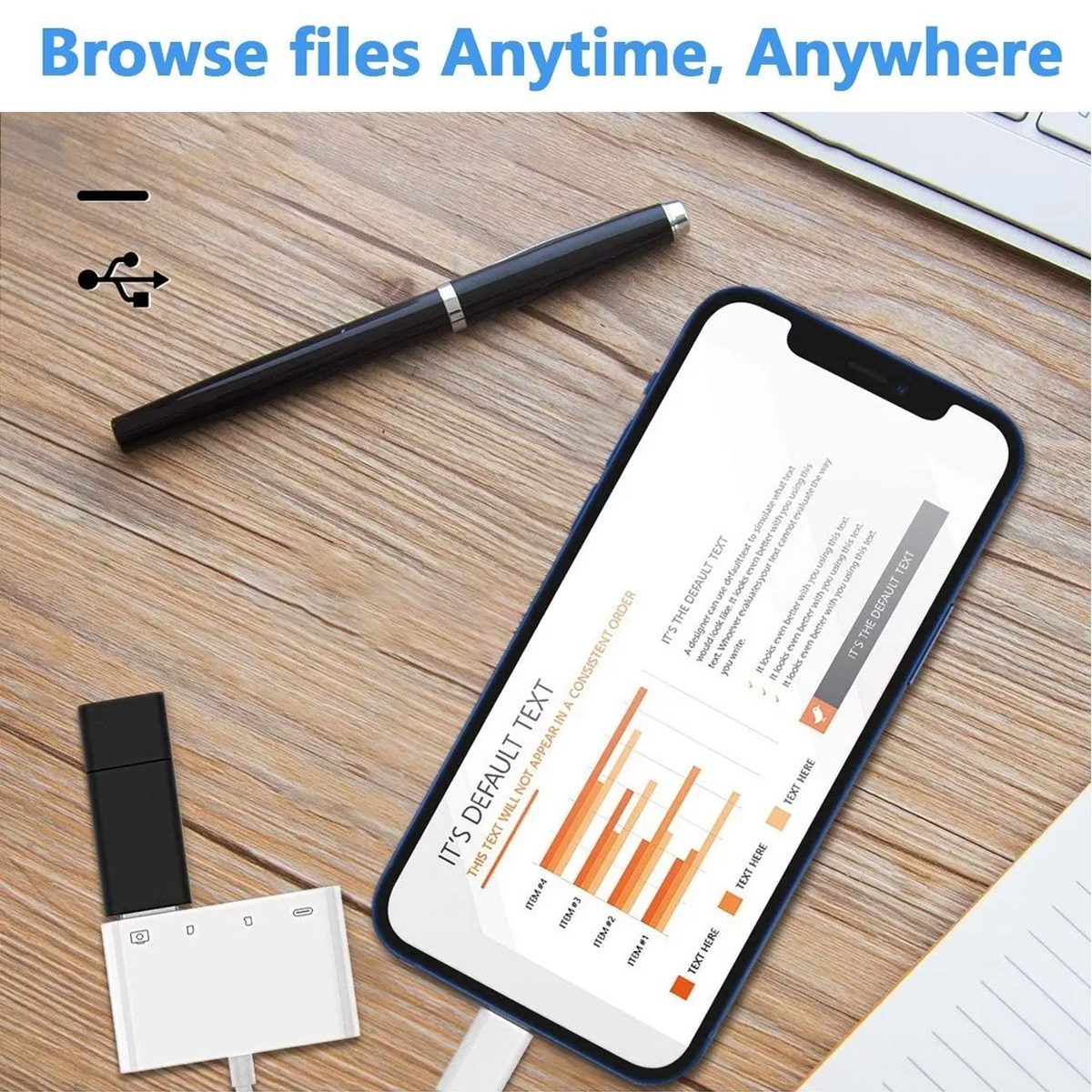 Ein Smartphone zeigt Diagramme. Ein Stift und ein USB-Adapter liegen daneben. Der Hintergrund ist ein Holztisch.