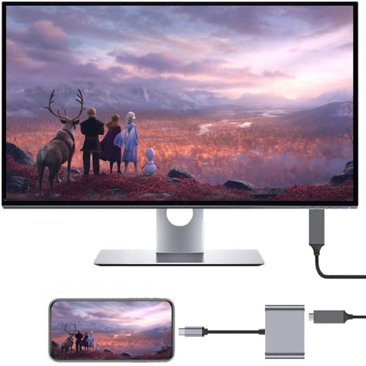 Ein Monitor zeigt eine Frozen-Szene. Ein Telefon, das die Szene spiegelt, ist über einen Hub verbunden. Kabel und Anschlüsse sind sichtbar.