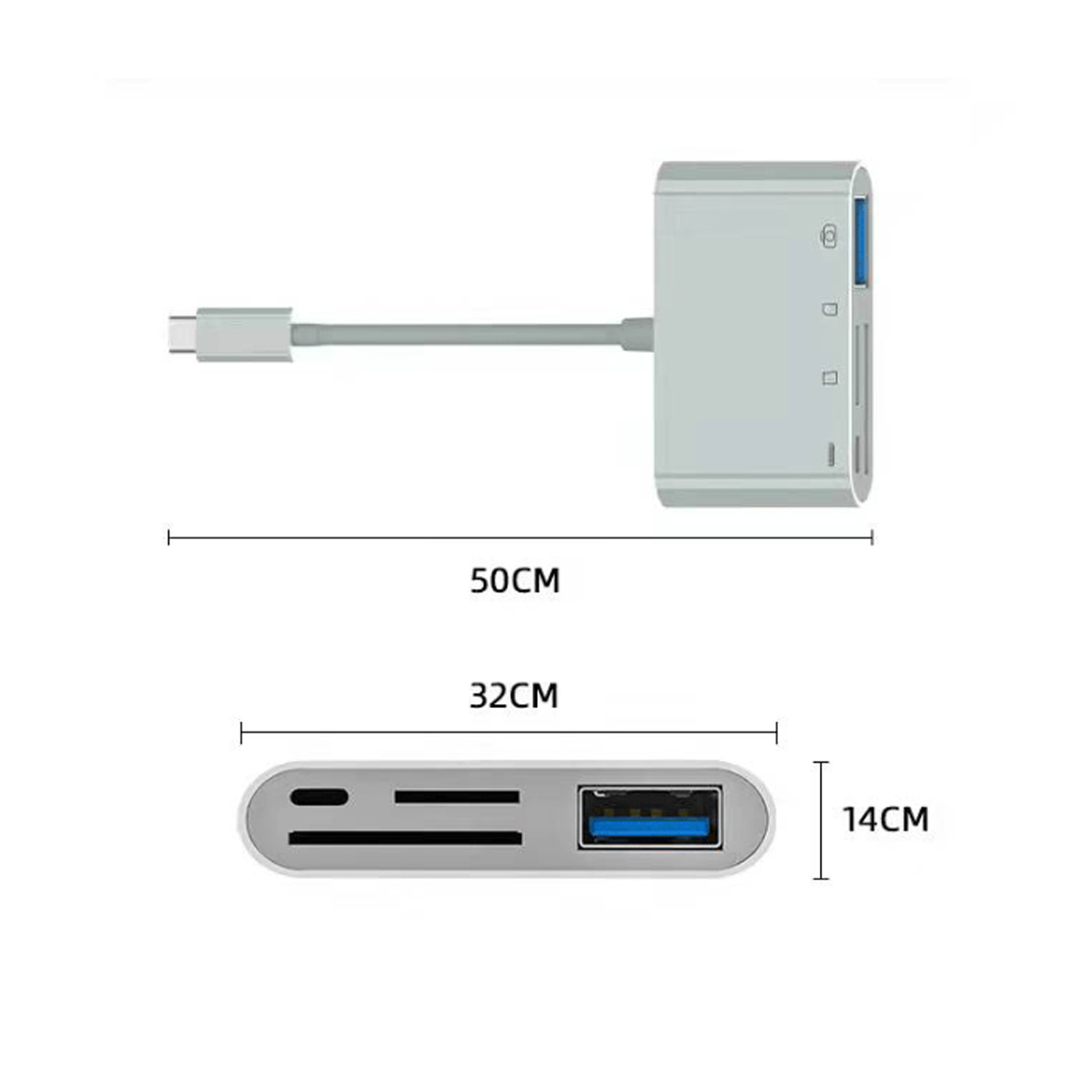 Ein silberner USB-C-Hub mit mehreren Anschlüssen, einschließlich SD-Kartenleser und USB-A. Abmessungen: 50cm, 32cm und 14cm.