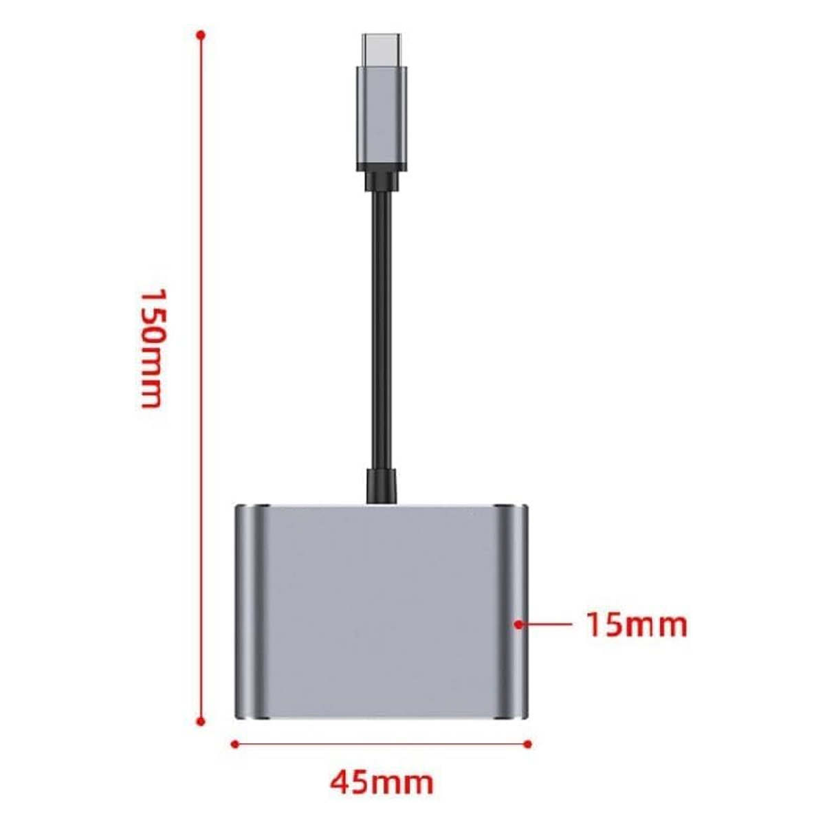 Ein silberner USB-C-Adapter, Maße sind angegeben. Er hat einen USB-C-Anschluss, einen schwarzen Schaft und einen rechteckigen Körper.