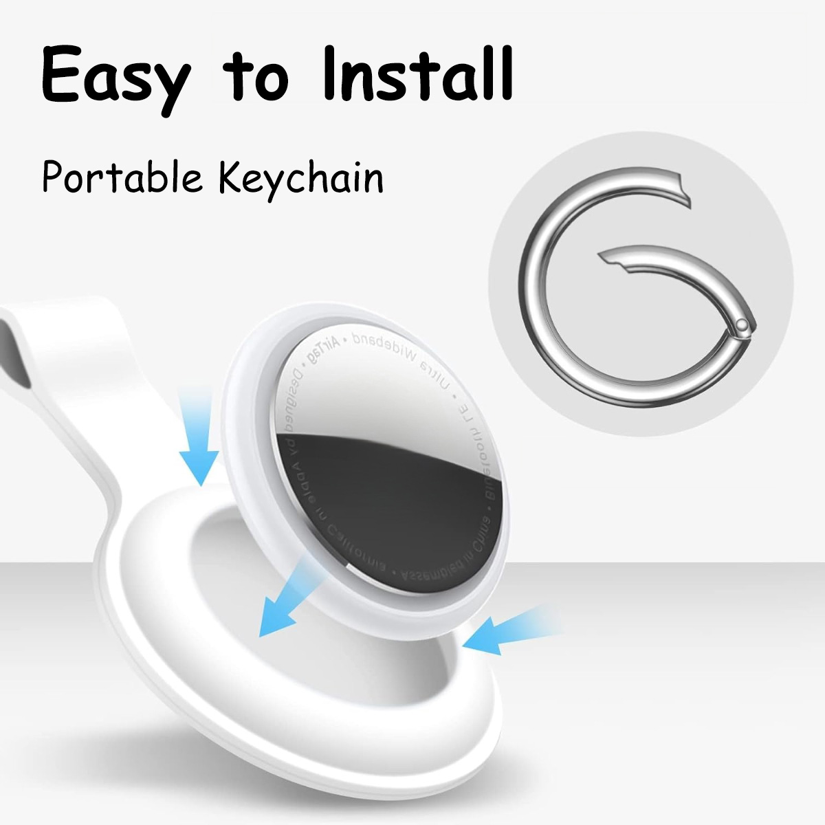 Das Bild zeigt einen Schlüsselanhänger mit weißem Gehäuse und silbernem Ring. Der Text lautet 'Easy to Install Portable Keychain'.