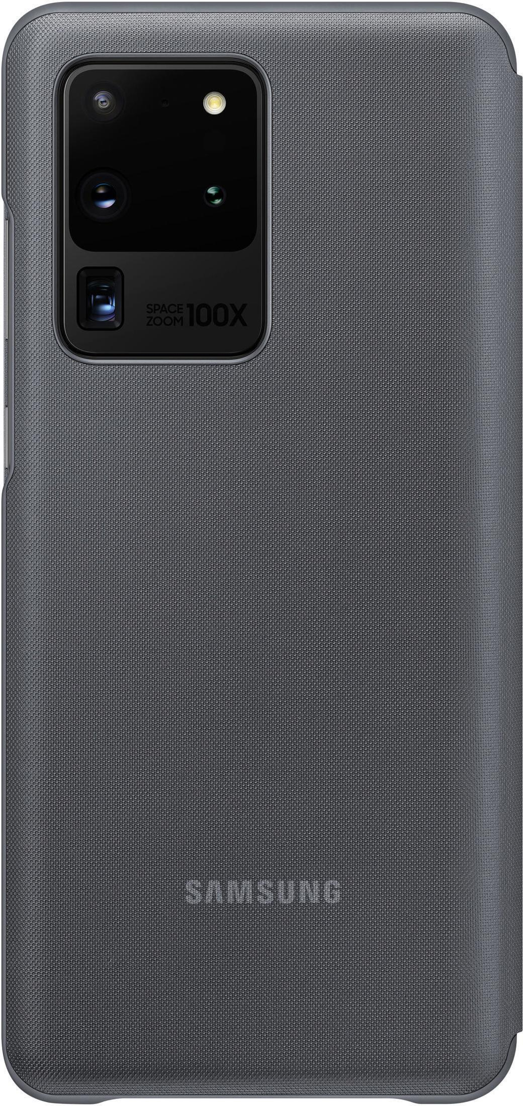 Eine dunkelgraue Handyhülle. Sie hat eine Kameraausbuchtung mit mehreren Objektiven und dem Text 'SPACE ZOOM 100X'. Das Samsung-Logo befindet sich unten.